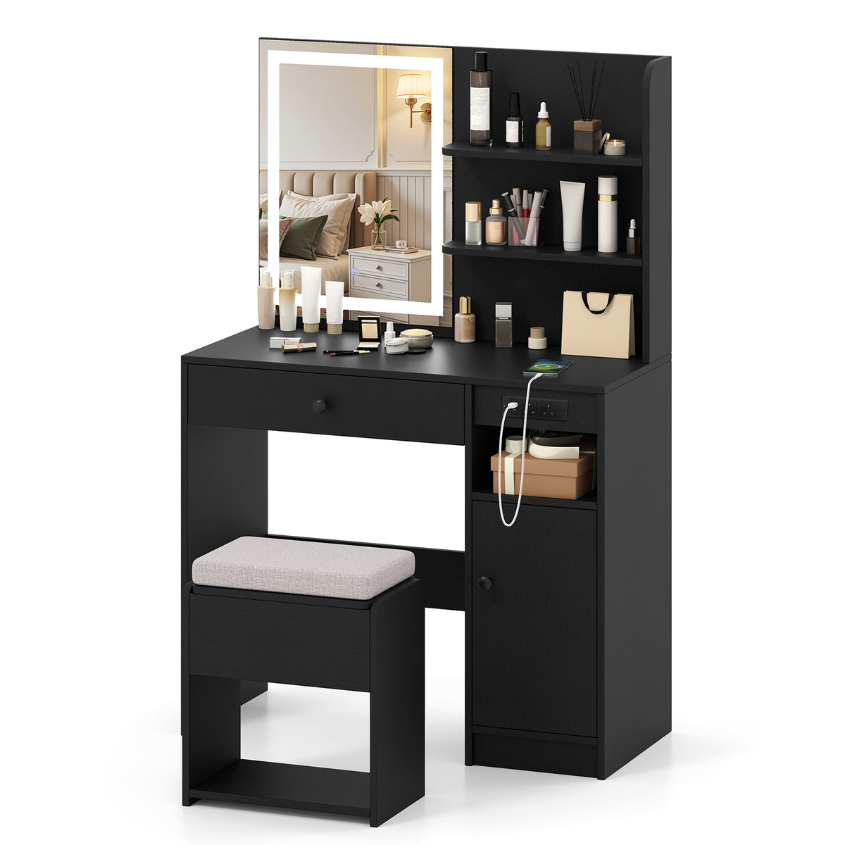 Vanity Desk with Mirror and Lights Dressing Table with Charging Station-Black