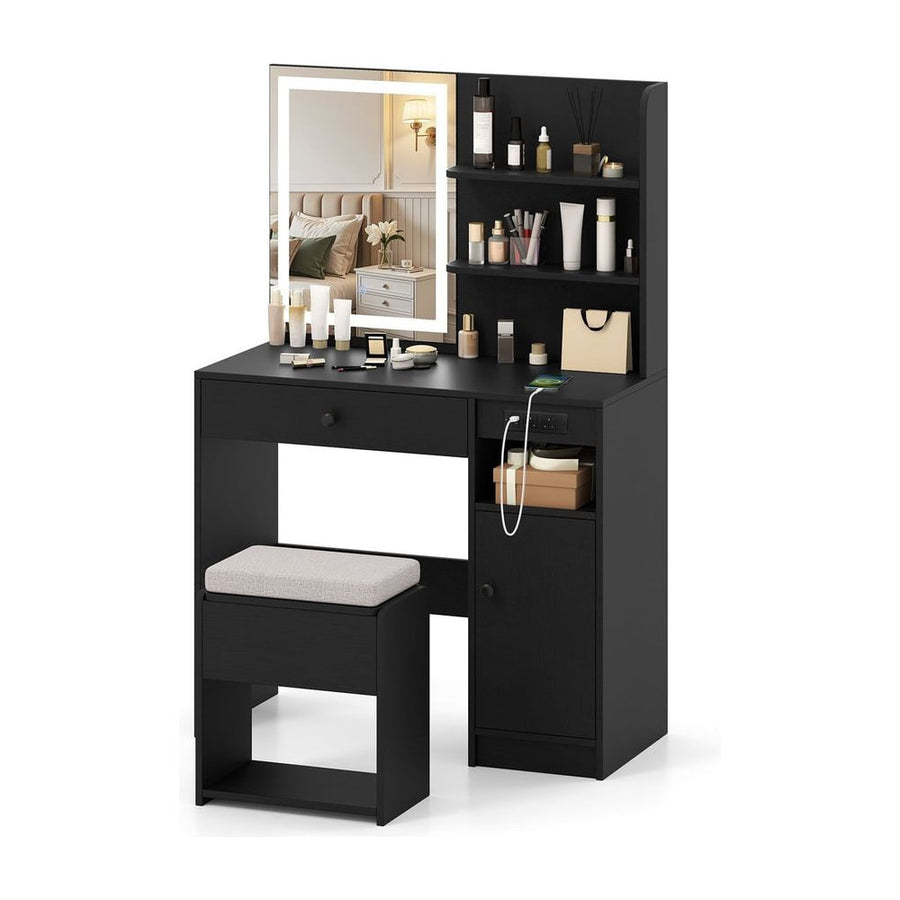 Vanity Desk with Mirror and Lights Dressing Table with Charging Station-Black