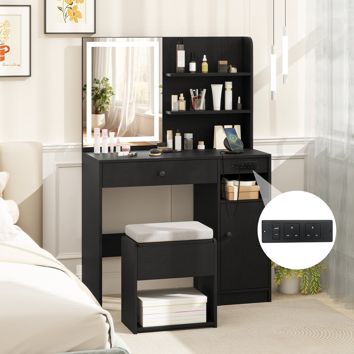 Vanity Desk with Mirror and Lights Dressing Table with Charging Station-Black