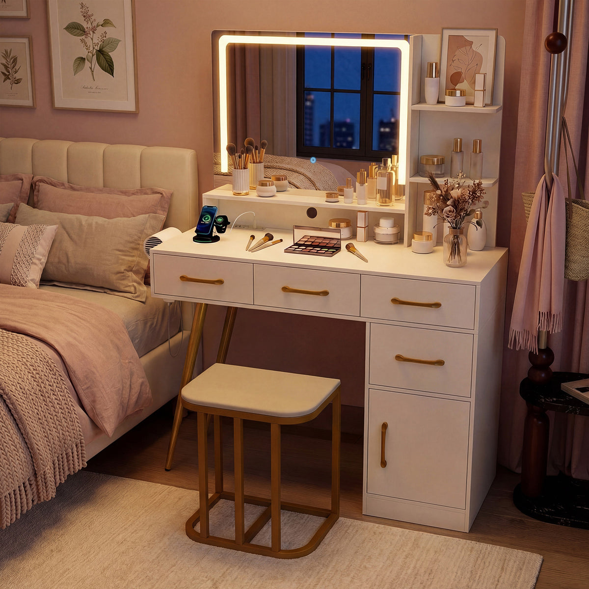 Vanity Desk with Mirror and Lights Makeup Table Set with LED Mirror-White