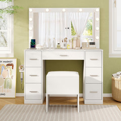 Vanity Desk with Mirror and Lights Makeup Table Set with Storage Stool-White