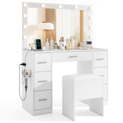 Vanity Desk with Mirror and Lights Makeup Table Set with Storage Stool-White