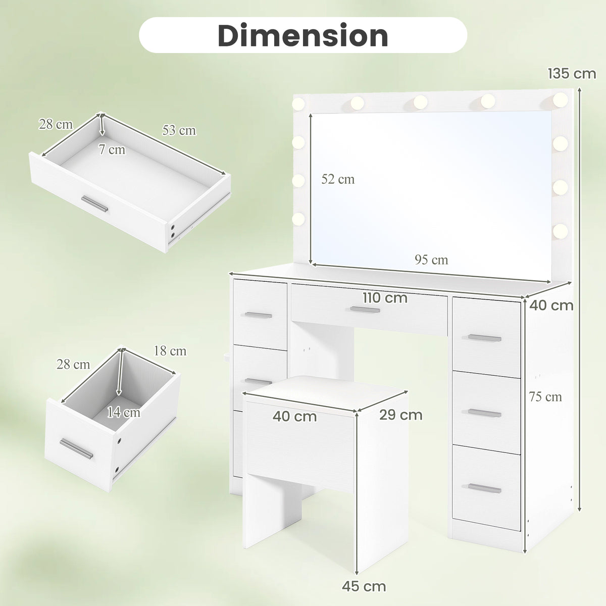 Vanity Desk with Mirror and Lights Makeup Table Set with Storage Stool-White