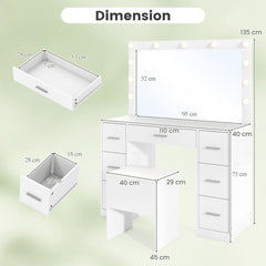Vanity Desk with Mirror and Lights Makeup Table Set with Storage Stool-White
