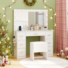 Vanity Desk with Mirror and Lights Makeup Table Set with Storage Stool-White