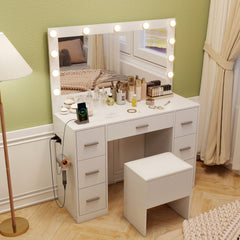 Vanity Desk with Mirror and Lights Makeup Table Set with Storage Stool-White