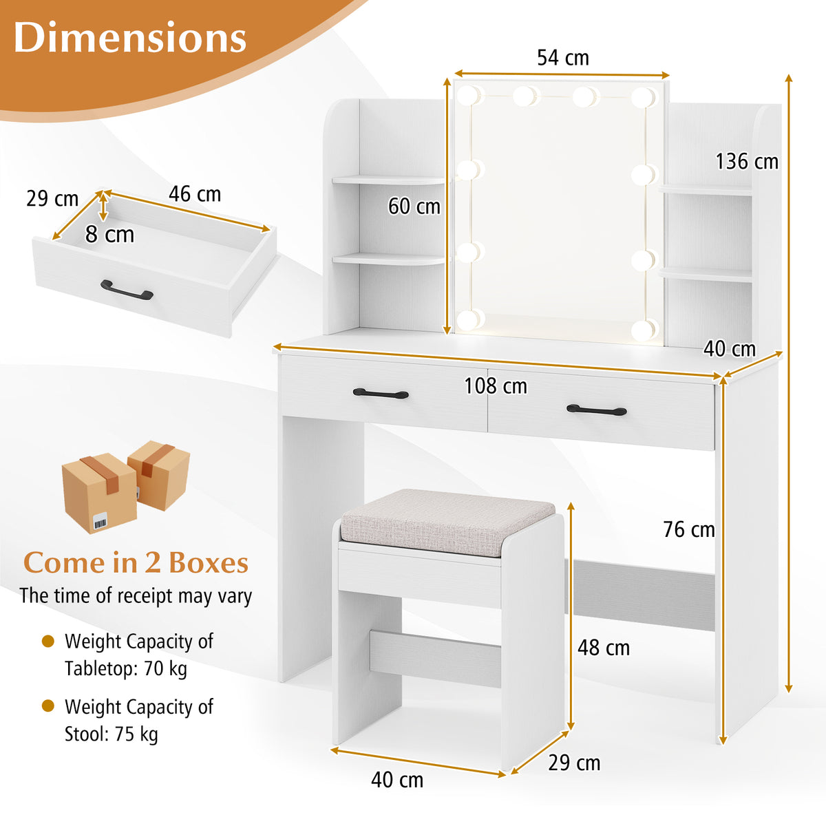 Vanity Set with 3-Color Lighting and Adjustable Brightness-White