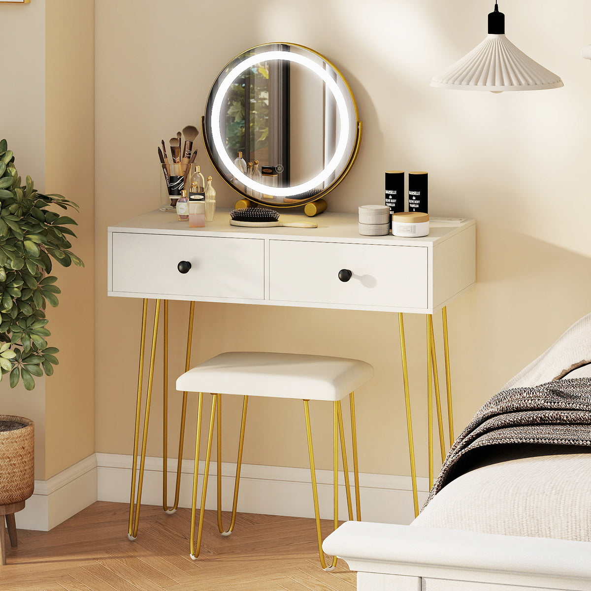 Vanity Desk with Mirror and Lights Makeup Dressing Table-White