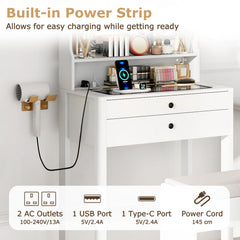 Vanity Desk with Power Outlets and 3 Color Lighting Modes for Bedroom-White