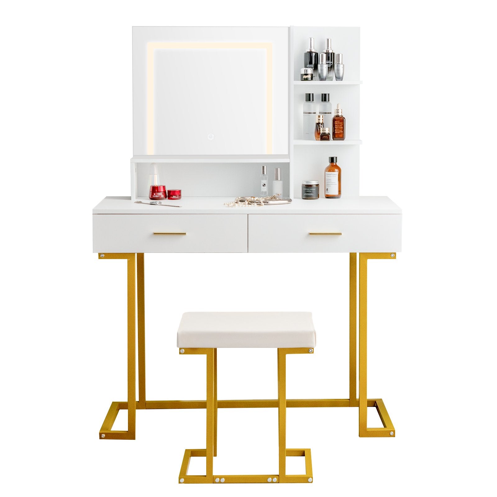 Vanity Set with Large Mirror Makeup Table with Stool and LED Lights-White