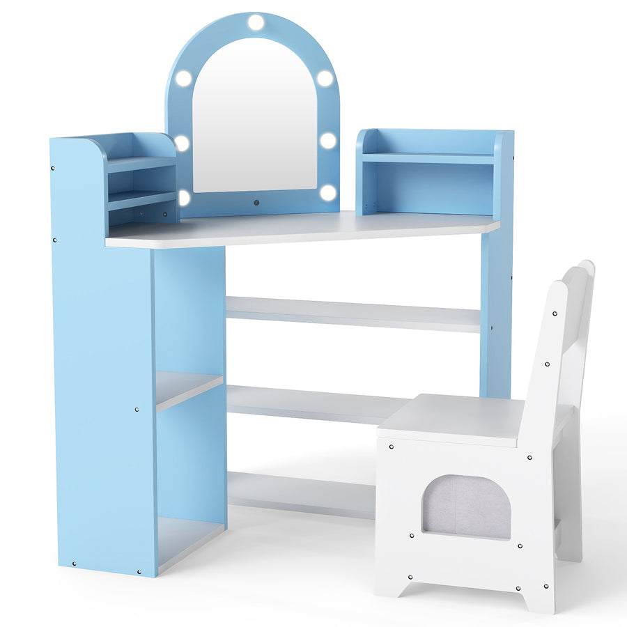 Vanity Table and Chair Set with 3 Storage Shelves and 5 Open Compartments-Blue & White