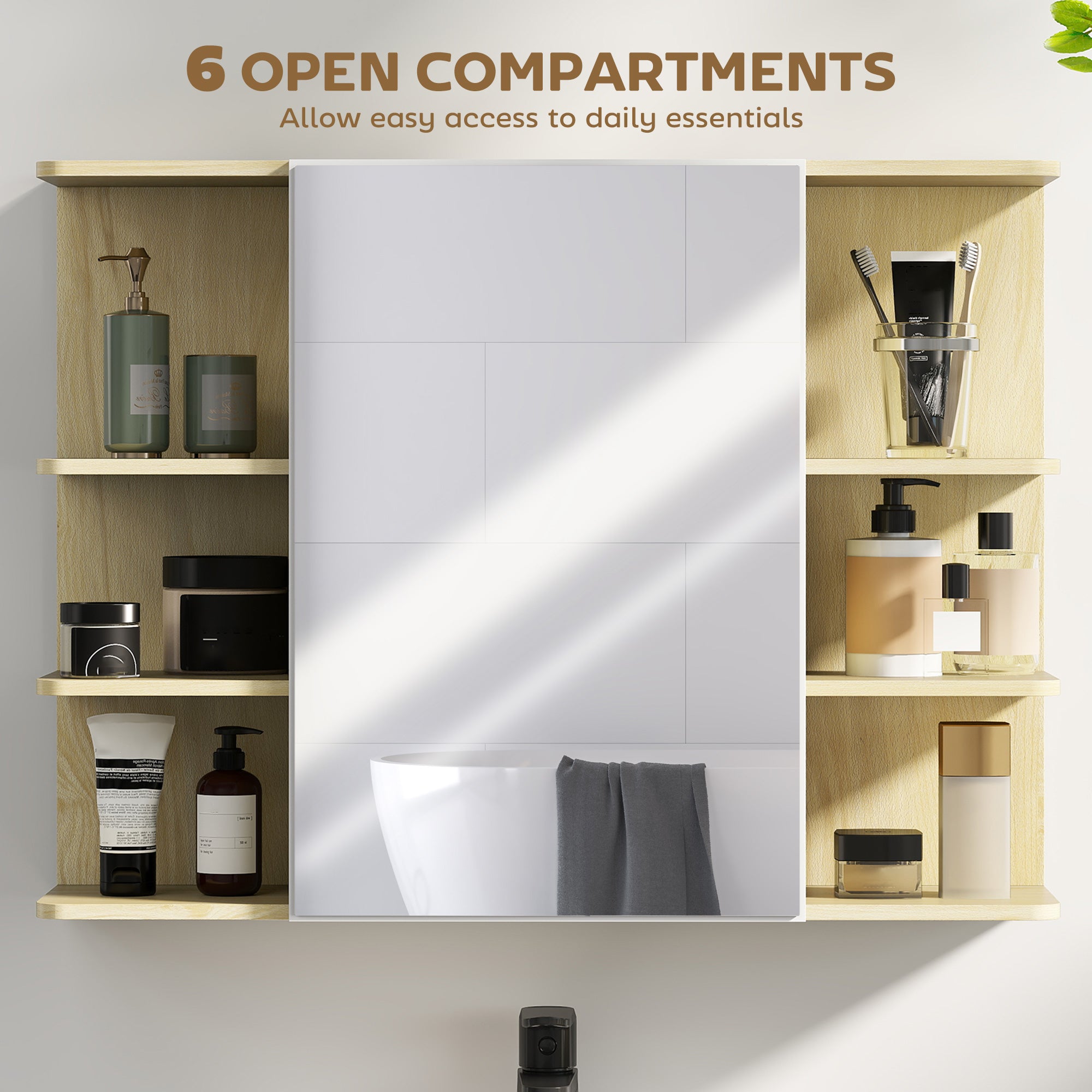 HOMCOM Bathroom Mirror Cabinet with Open Storage Shelves - Natural Wood Finish