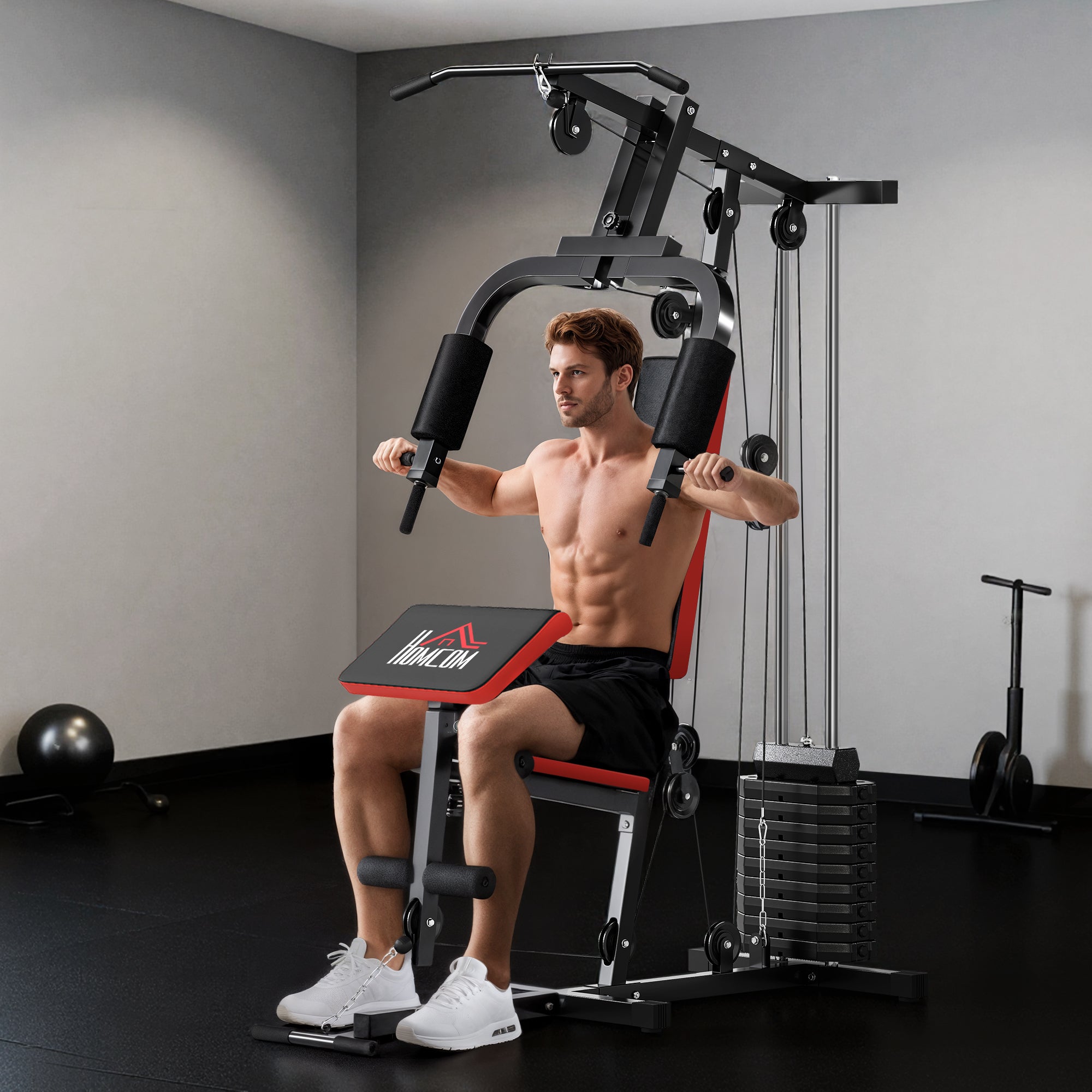 HOMCOM Multigym Station, with 66KG Weight Stack, for Strength Training - Red & Black
