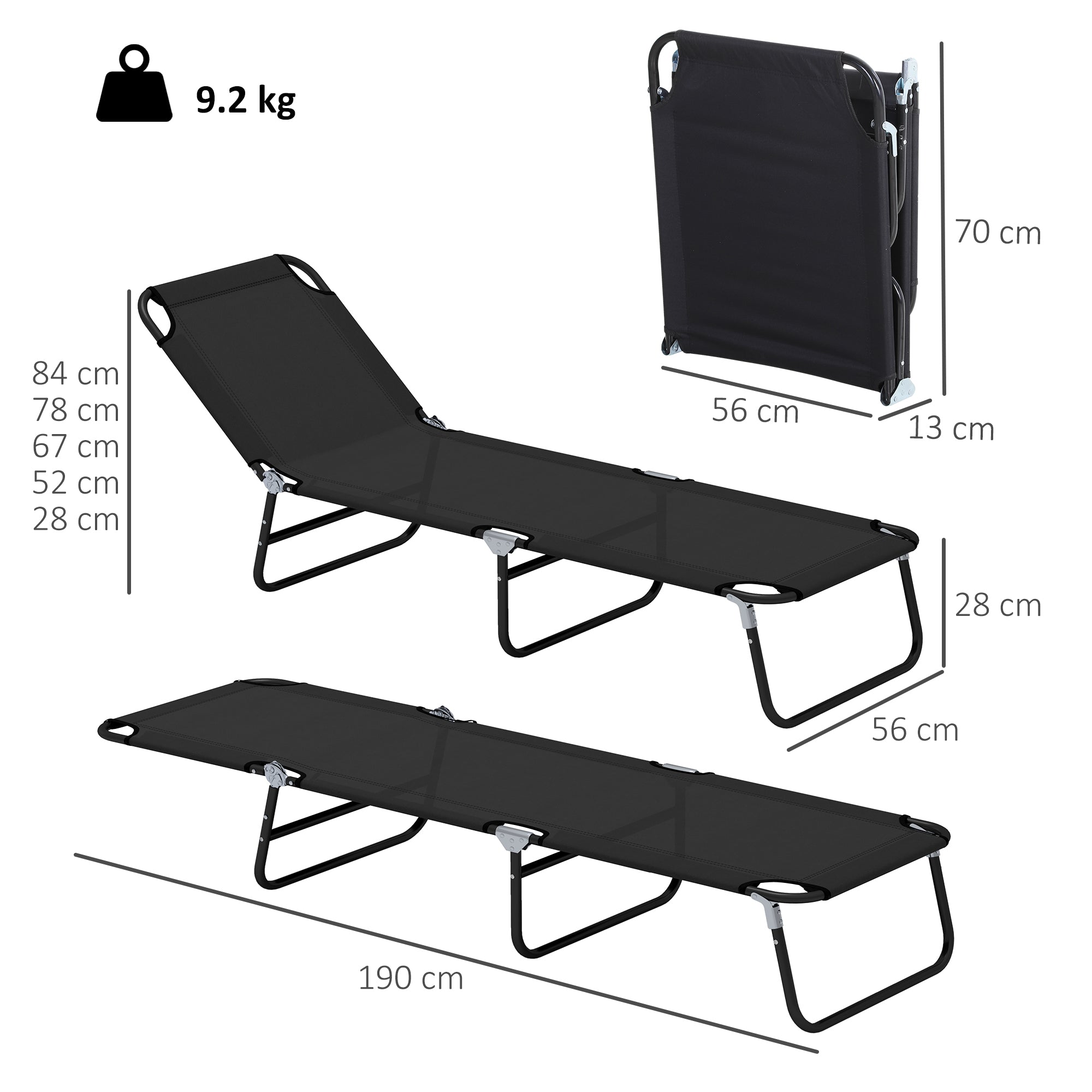 Outsunny Garden Sun Lounger, with Five-Position Back - Black