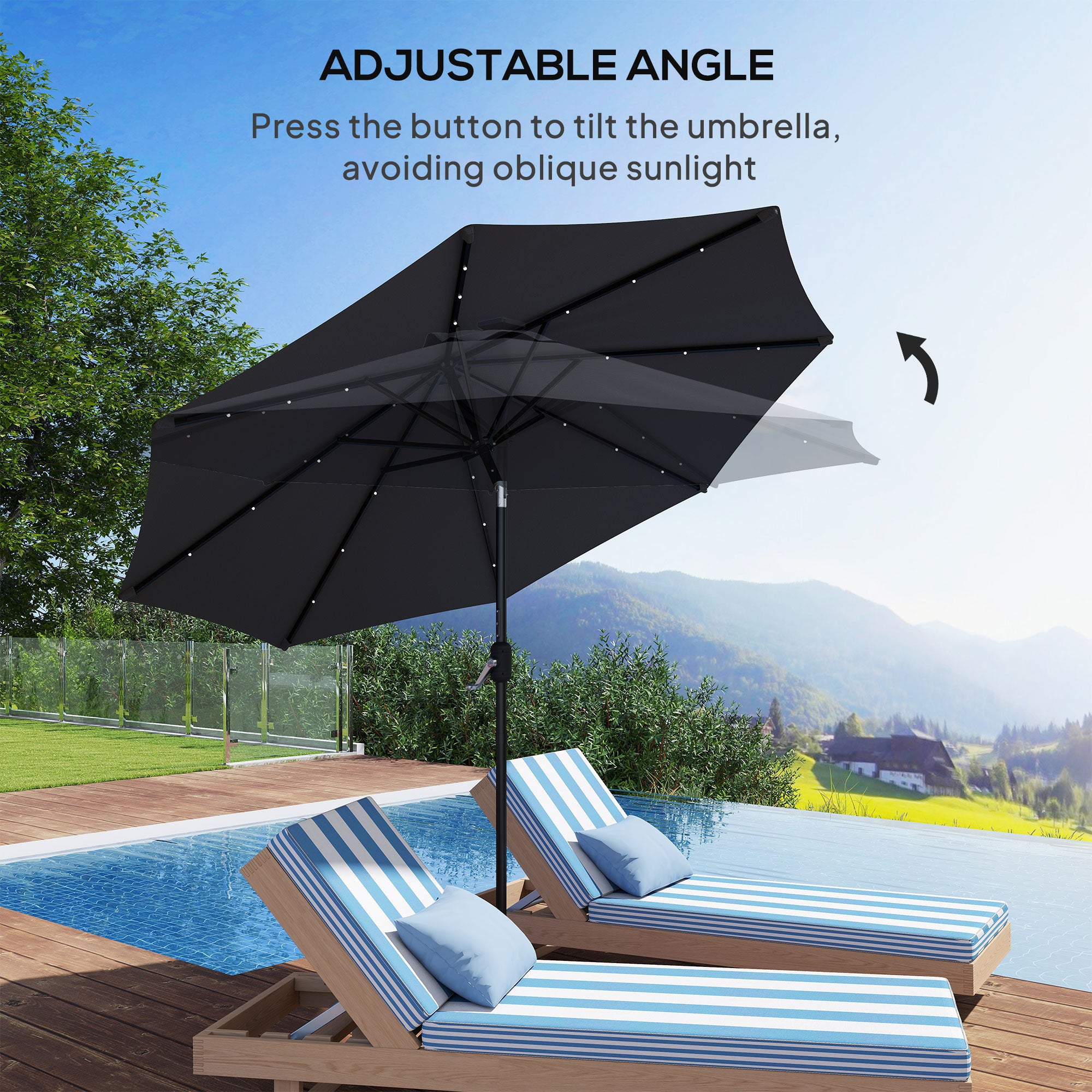 Outsunny 2.7m Garden Parasol Solar Outdoor Tilt Sun Umbrella Patio Sun Shade w/ 24 LED Light, Hand Crank and 8 Ribs, Black