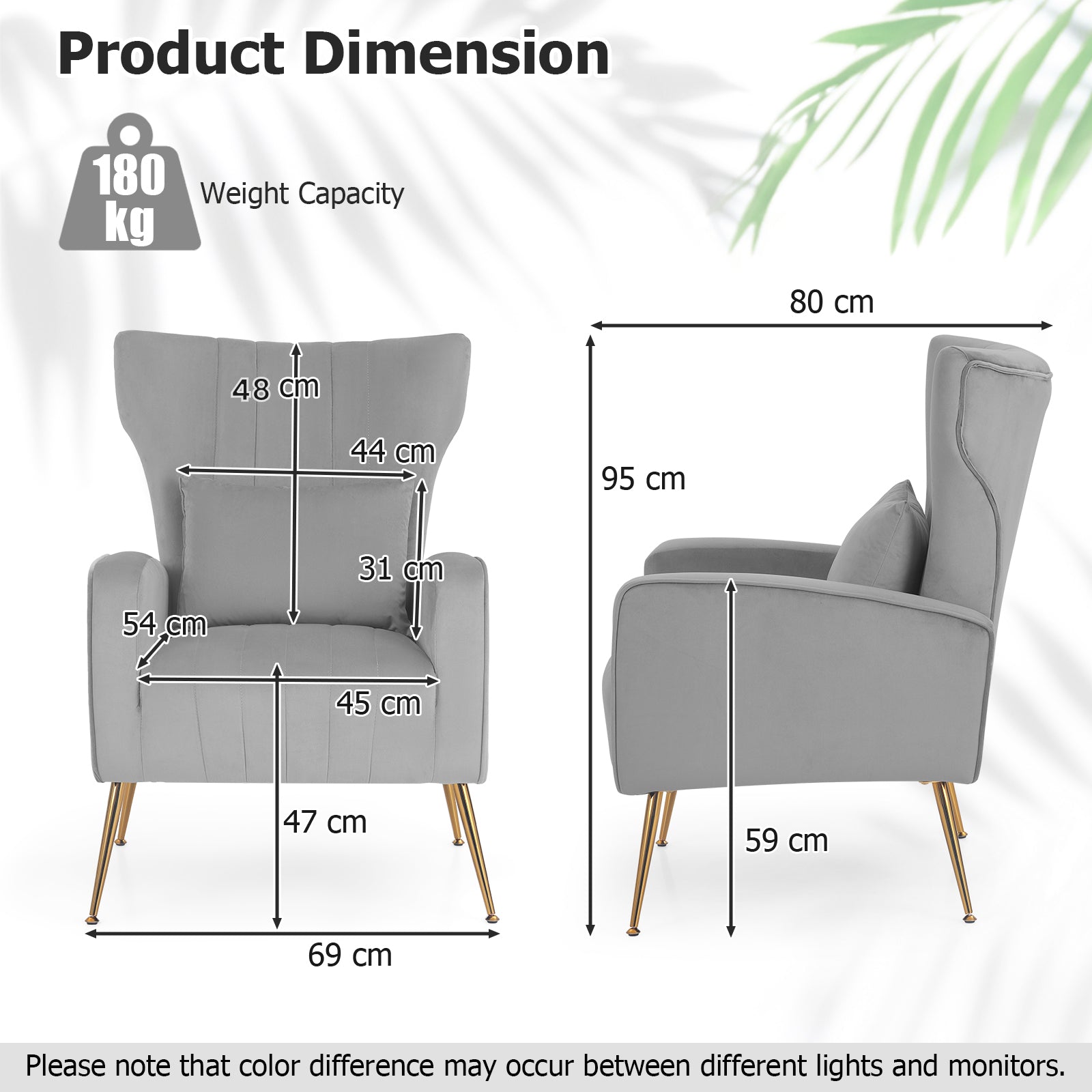 Velvet Upholstered Wingback Chair with Lumbar Pillow and Golden Metal Legs-Grey