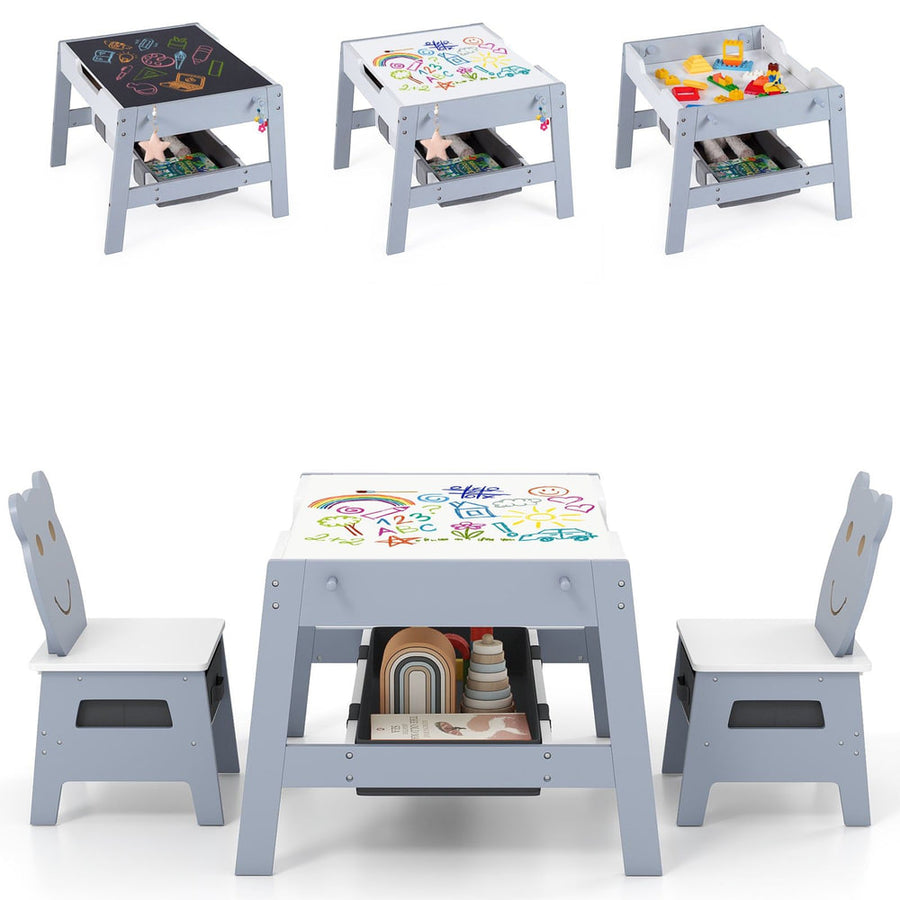 Versatile Kids Table and 2 Chairs Set with Detachable Double-sized Tabletop-Grey