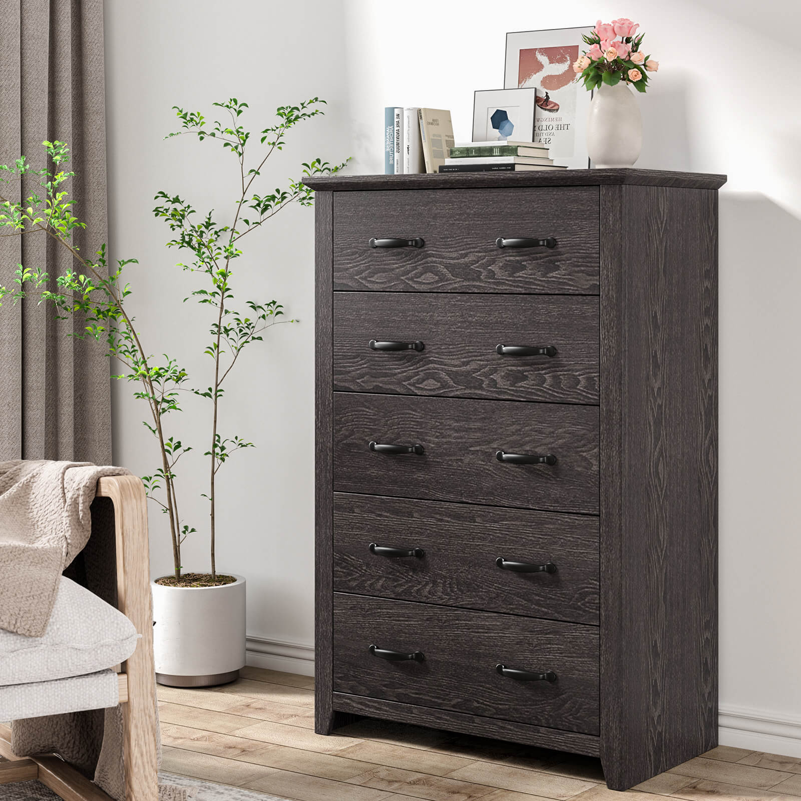 Dresser Vertical Chest of Drawers with 5 Pull-out Drawers-Dark Grey