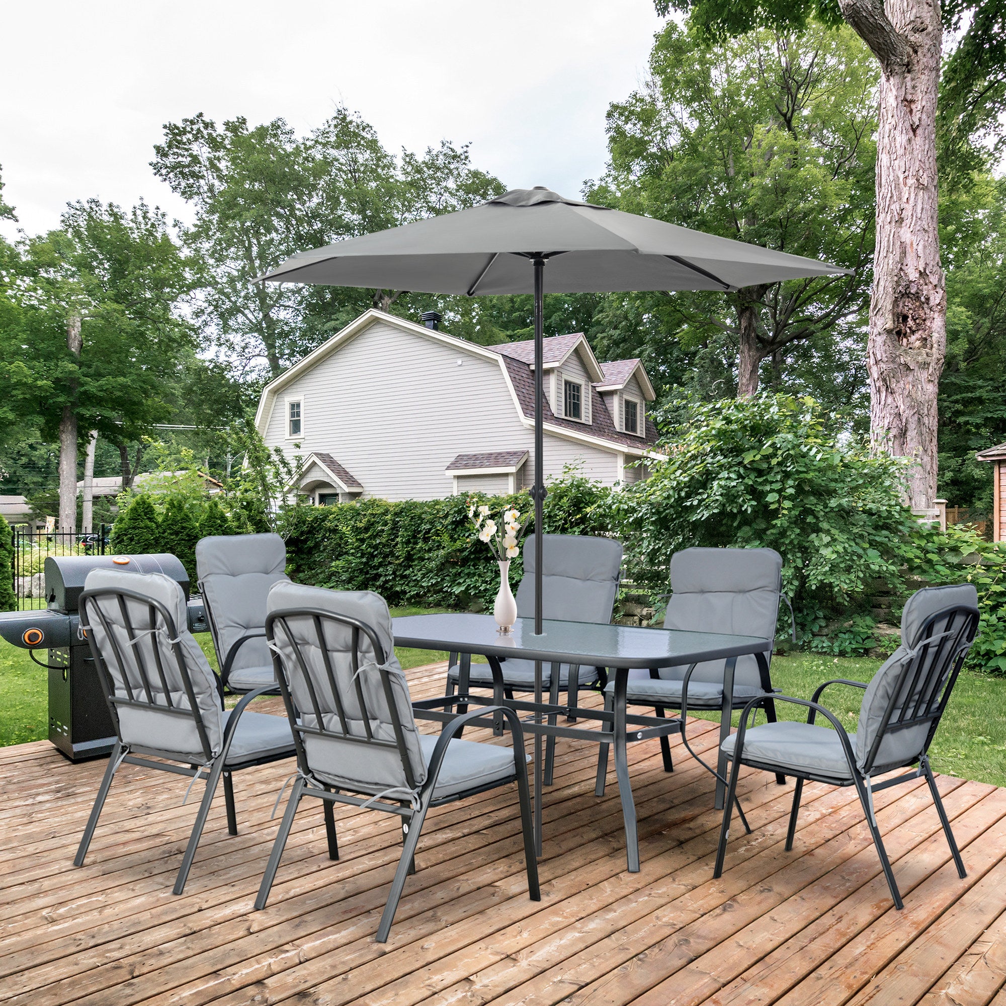 Outsunny Seven-Piece Garden Dining Set with Cushions - Grey