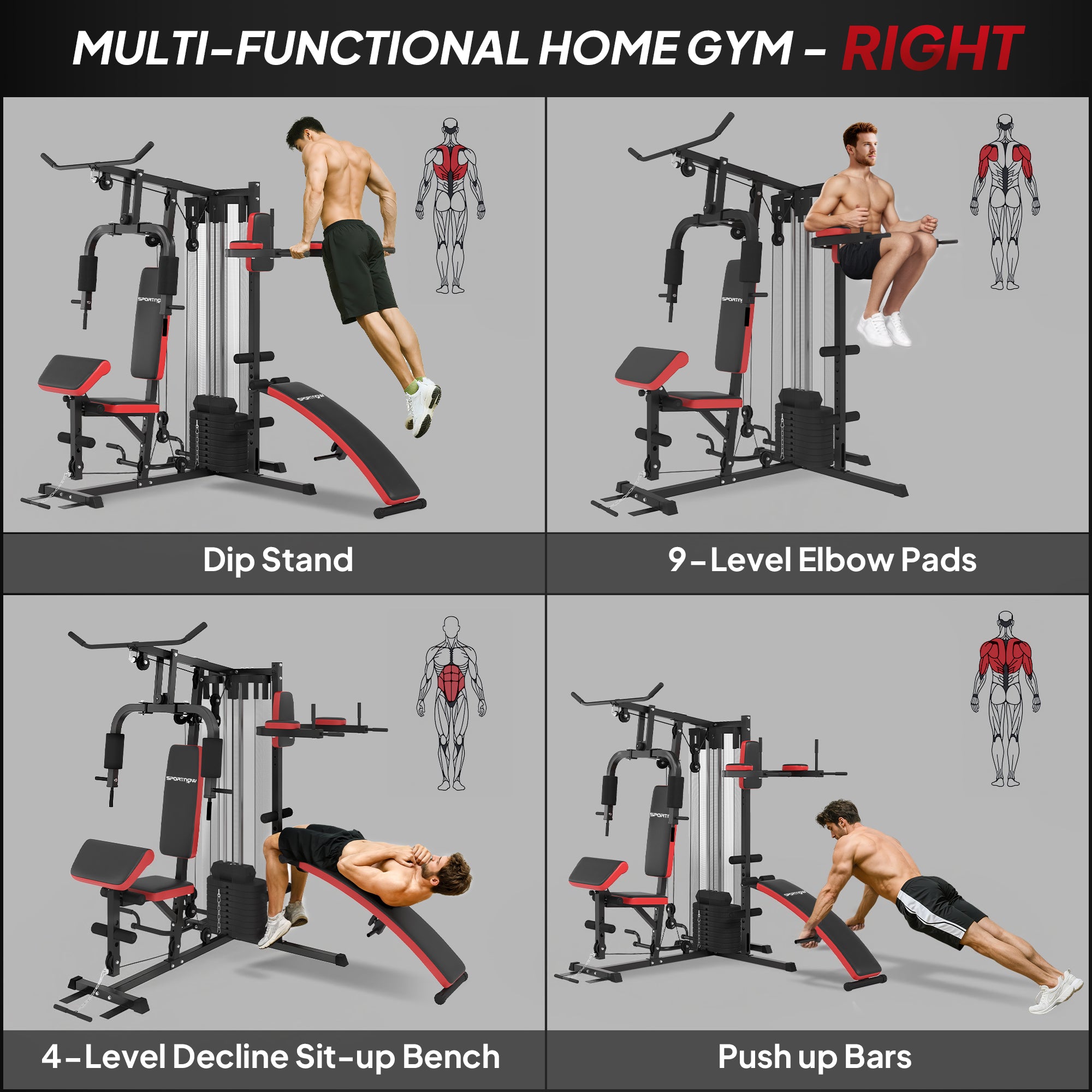SPORTNOW Multi Gym Workout Station, Weight Machine with 65kg Weight Stack, Sit Up Bench, Push Up Stand, Dip Station