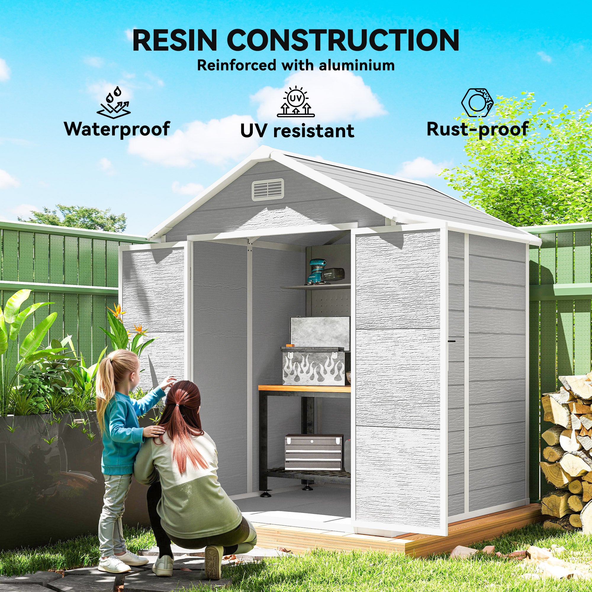 Outsunny 6 x 5ft Garden Shed, Plastic Shed with Floor, Window, Lockable Doors and Vents, Wood Effect Resin Tool Shed for Outdoor Patio, Light Grey
