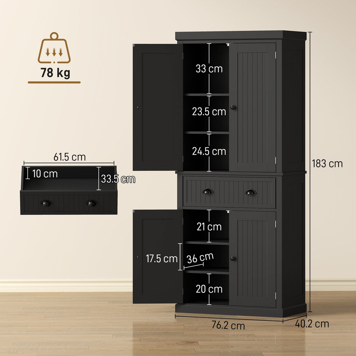 HOMCOM Kitchen Storage Cabinet with Drawer and Adjustable Shelves - Black