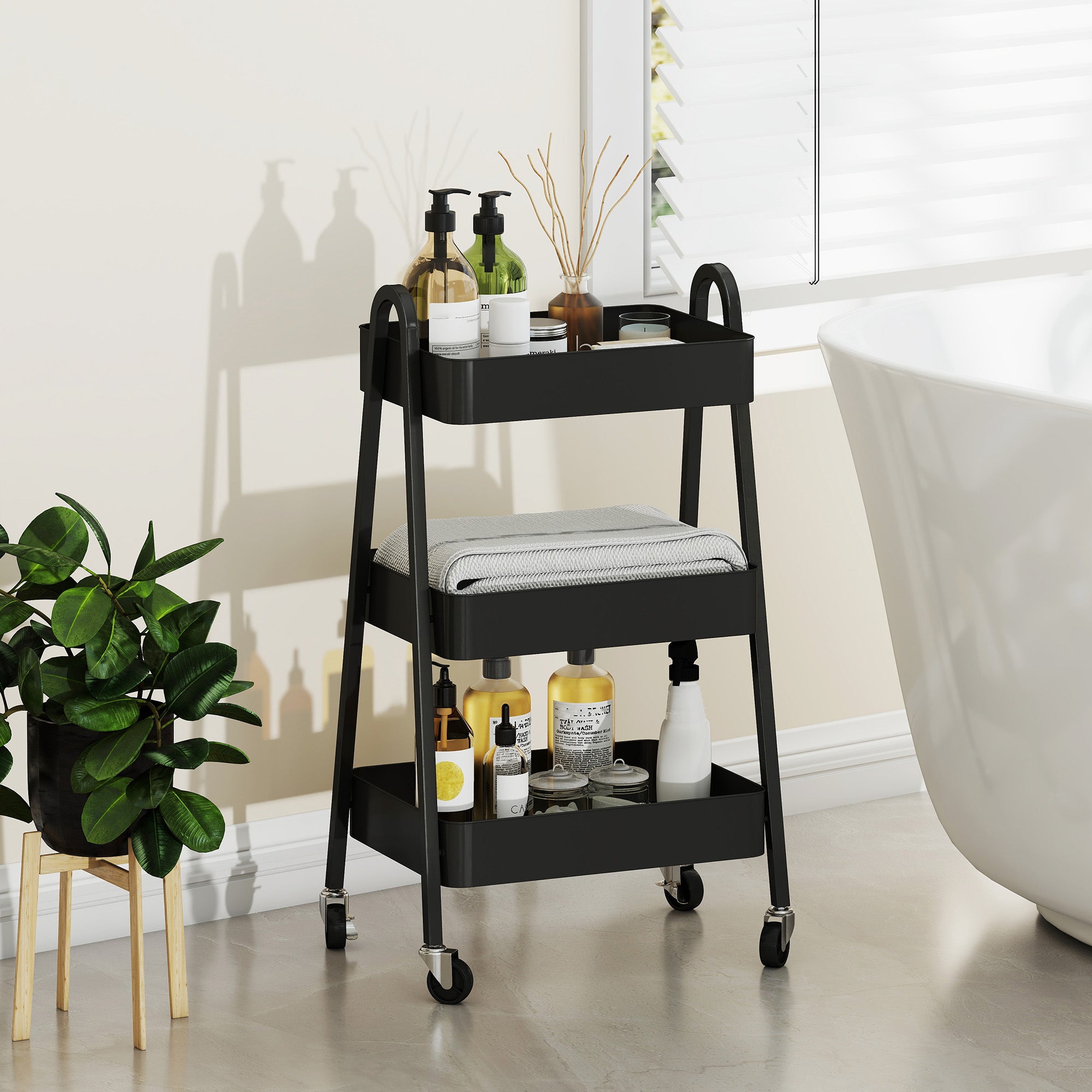HOMCOM Three-Tier Storage Trolley - Black