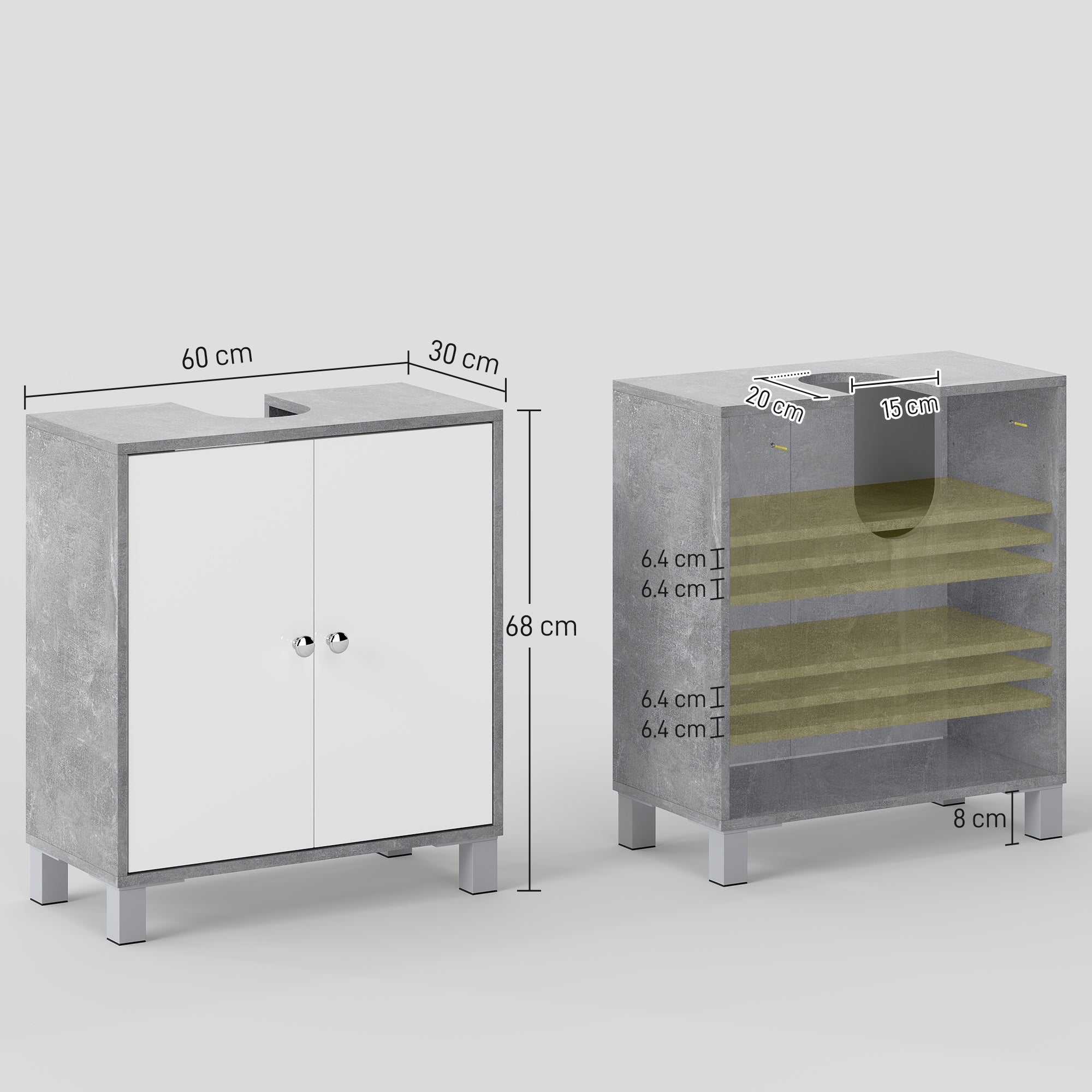 kleankin Under Sink Cabinet, Bathroom Vanity Unit, Storage Cupboard with Adjustable Shelves, White and Grey