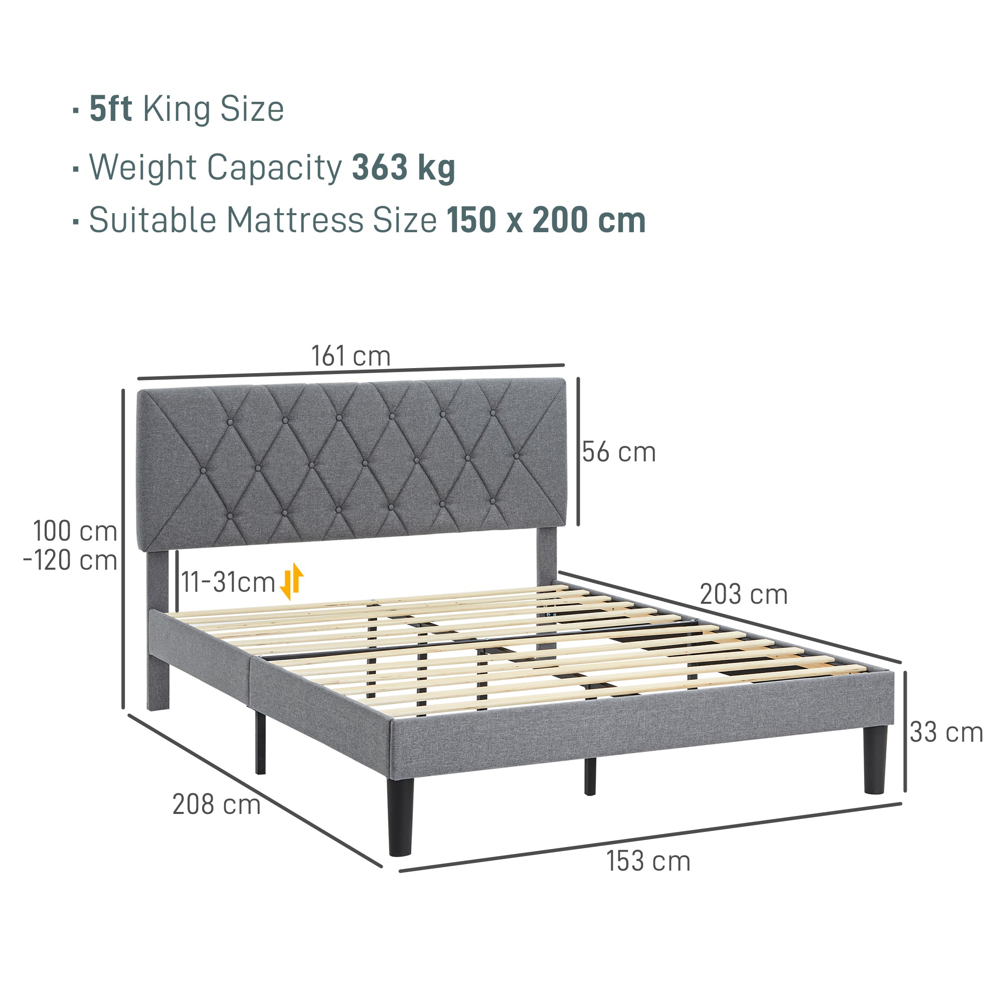 HOMCOM King Size Padded Fabric Headboard Bed Frame - Grey