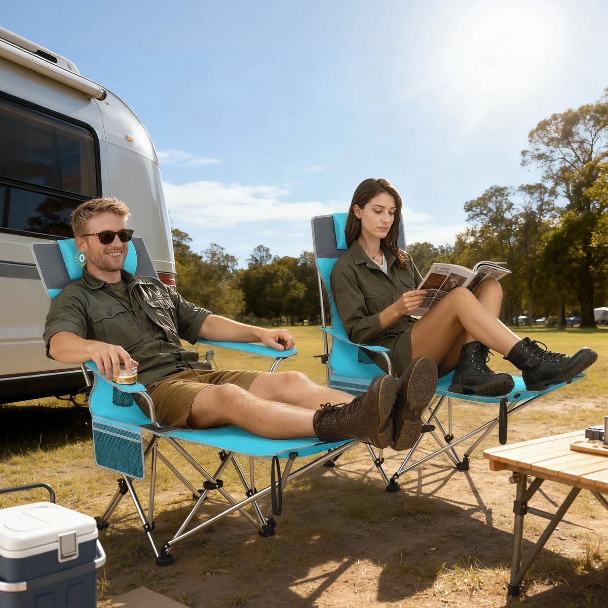 Outsunny Set of 2 Reclining Folding Camping Chair w/ Detachable Footrest, Storage Bag, Cup Holder & Headrest, Blue and Grey