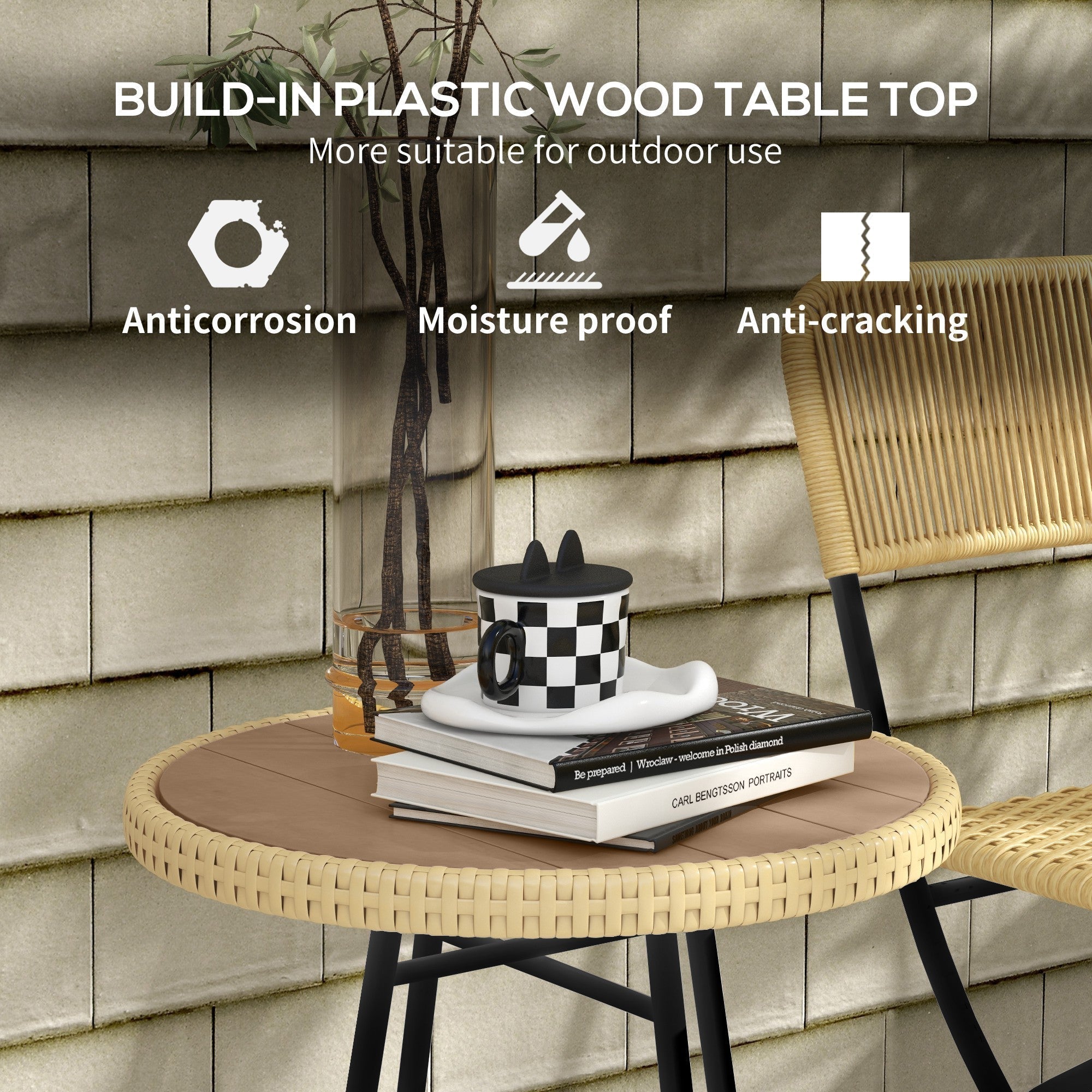 Outsunny Rattan Border Outdoor Side Table - Natural Wood Finish