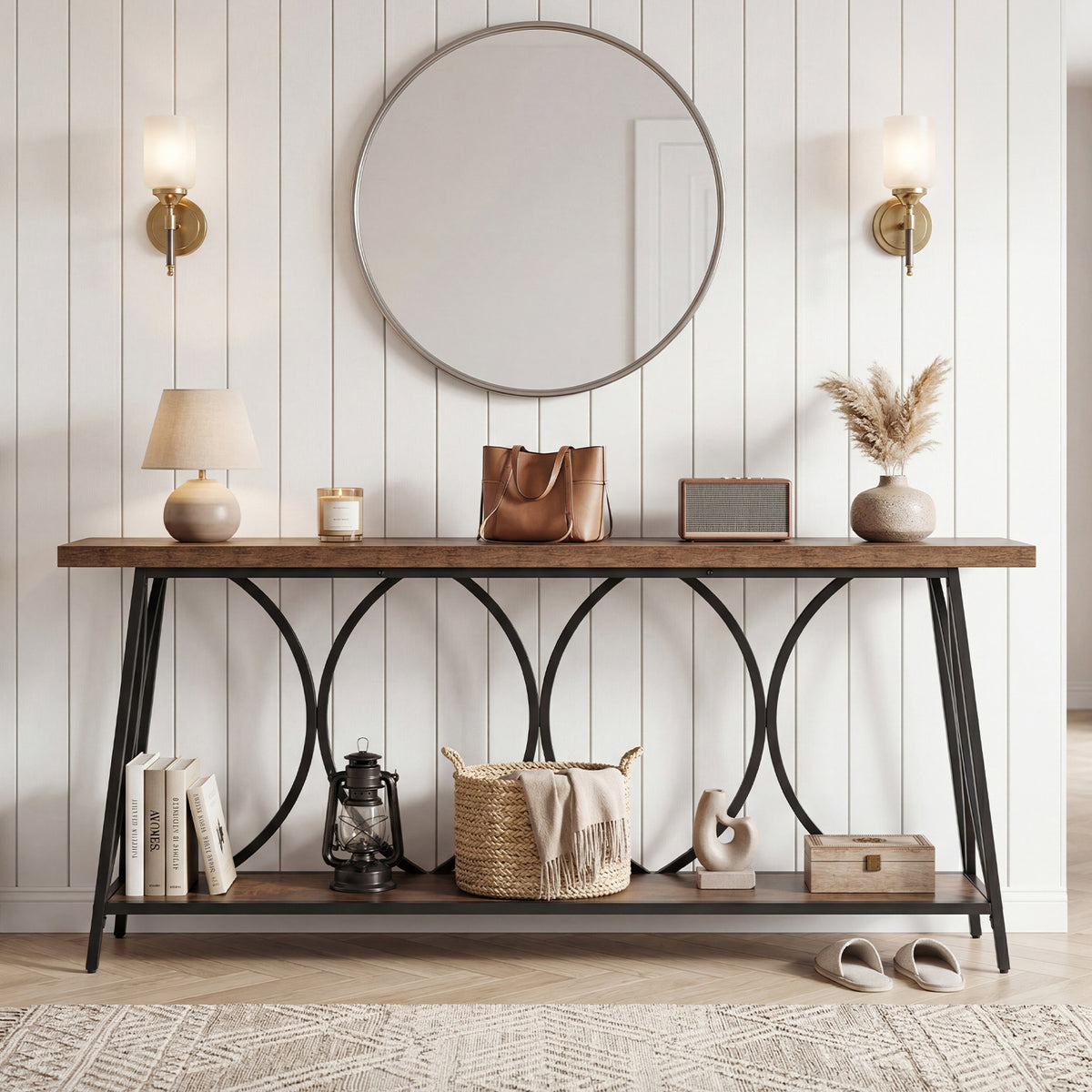 Vintage Console Table with 2-Tier Storage for Living Room-Rustic Brown