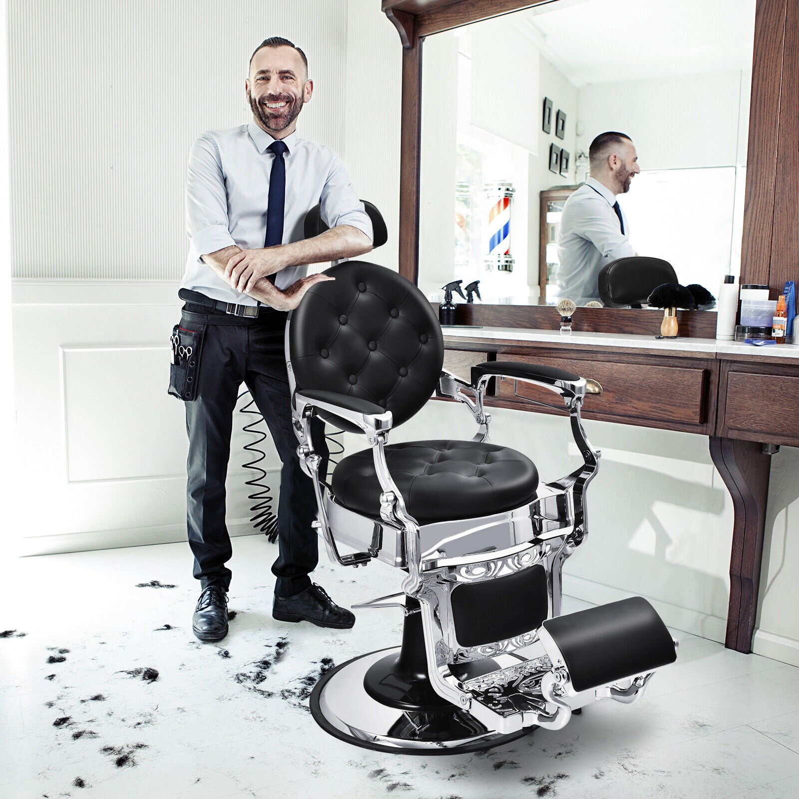 Height Adjustable 360¬∞ Swivel Vintage Salon Barber Chair-Black