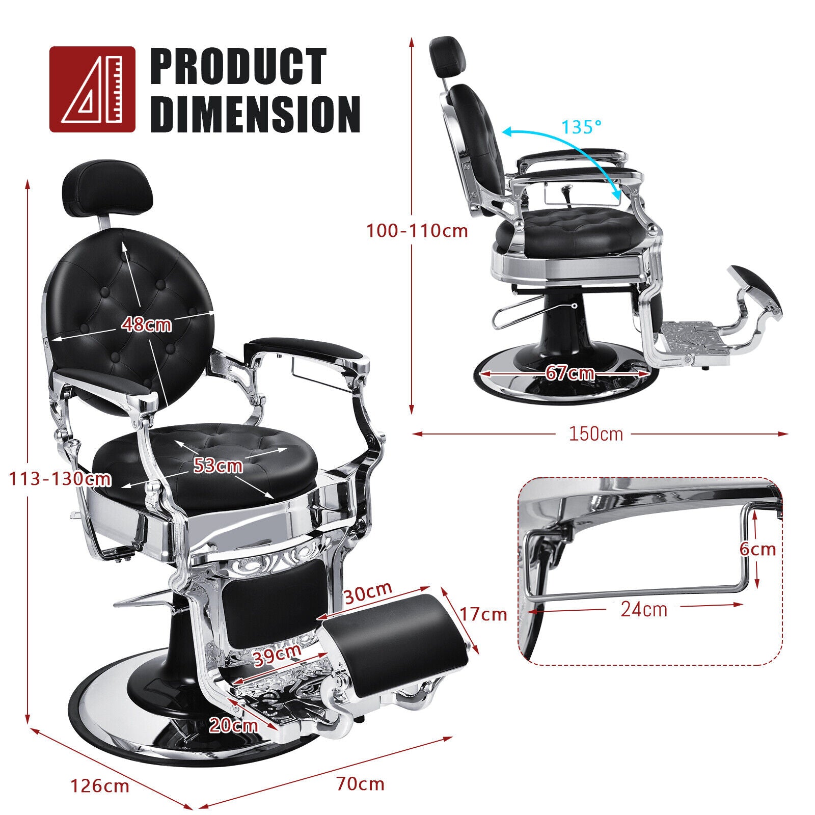 Height Adjustable 360¬∞ Swivel Vintage Salon Barber Chair-Black