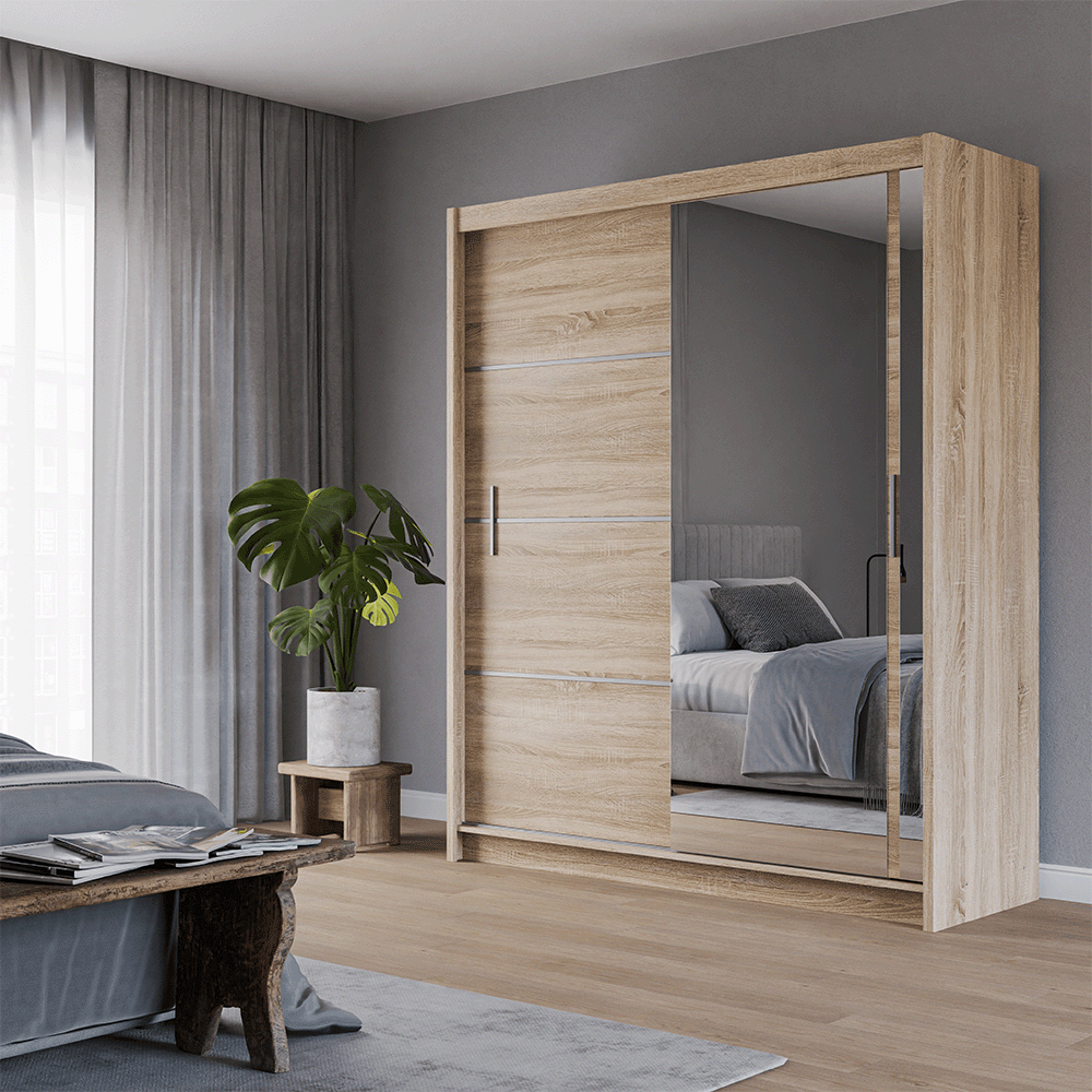 Oak Sonoma Mirrored Sliding Door Wardrobe 180cm – MAYFAIR