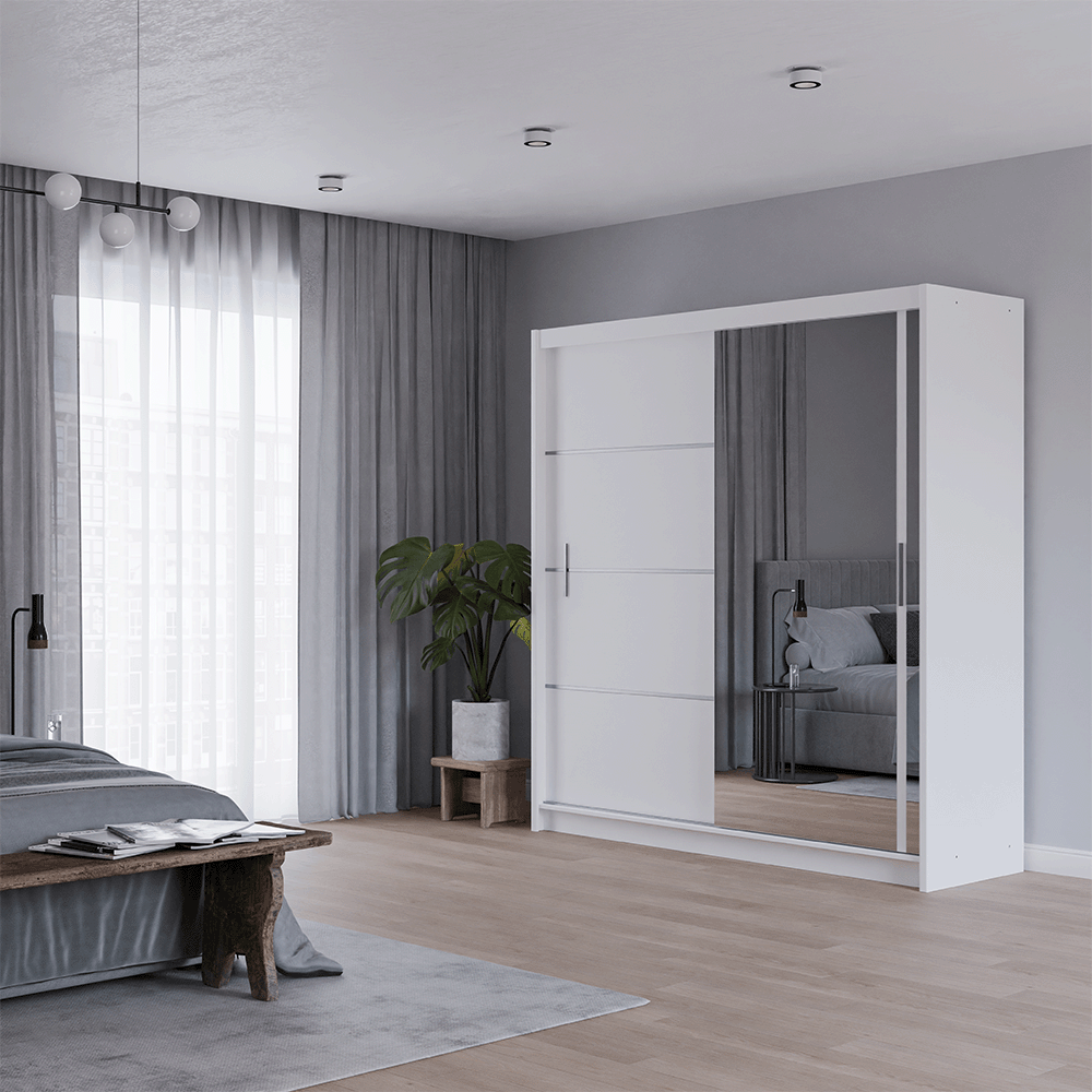 White Mirrored Sliding Door Wardrobe 203cm – MAYFAIR
