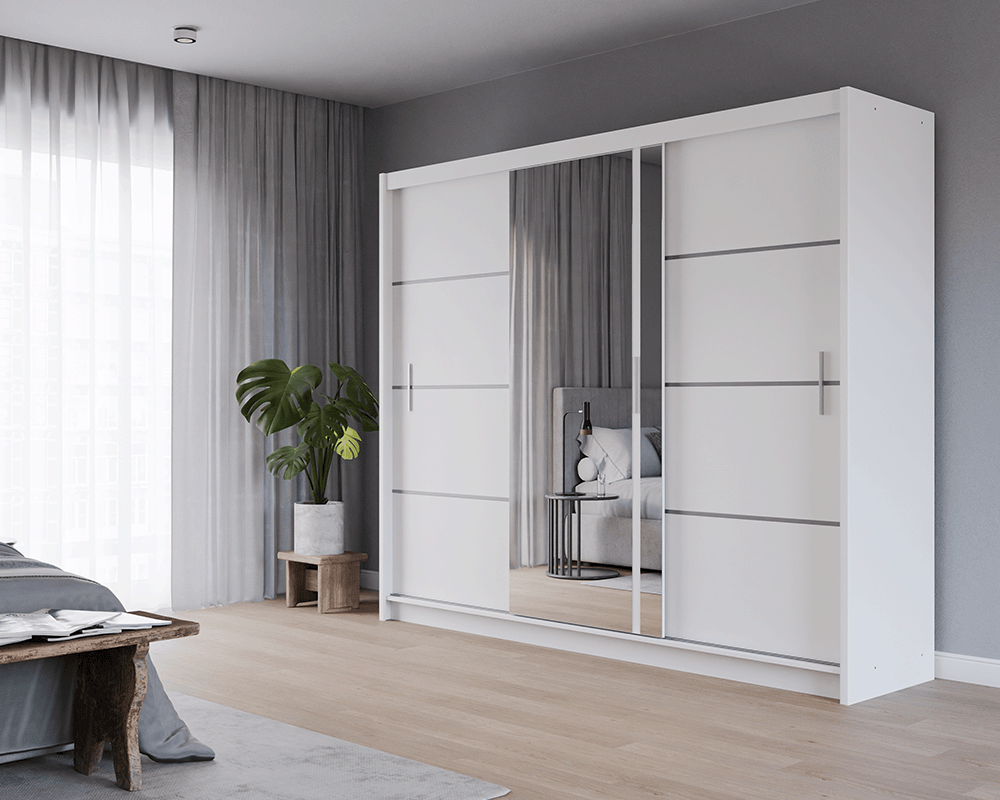 White Mirrored Sliding Door Wardrobe 250cm – MAYFAIR