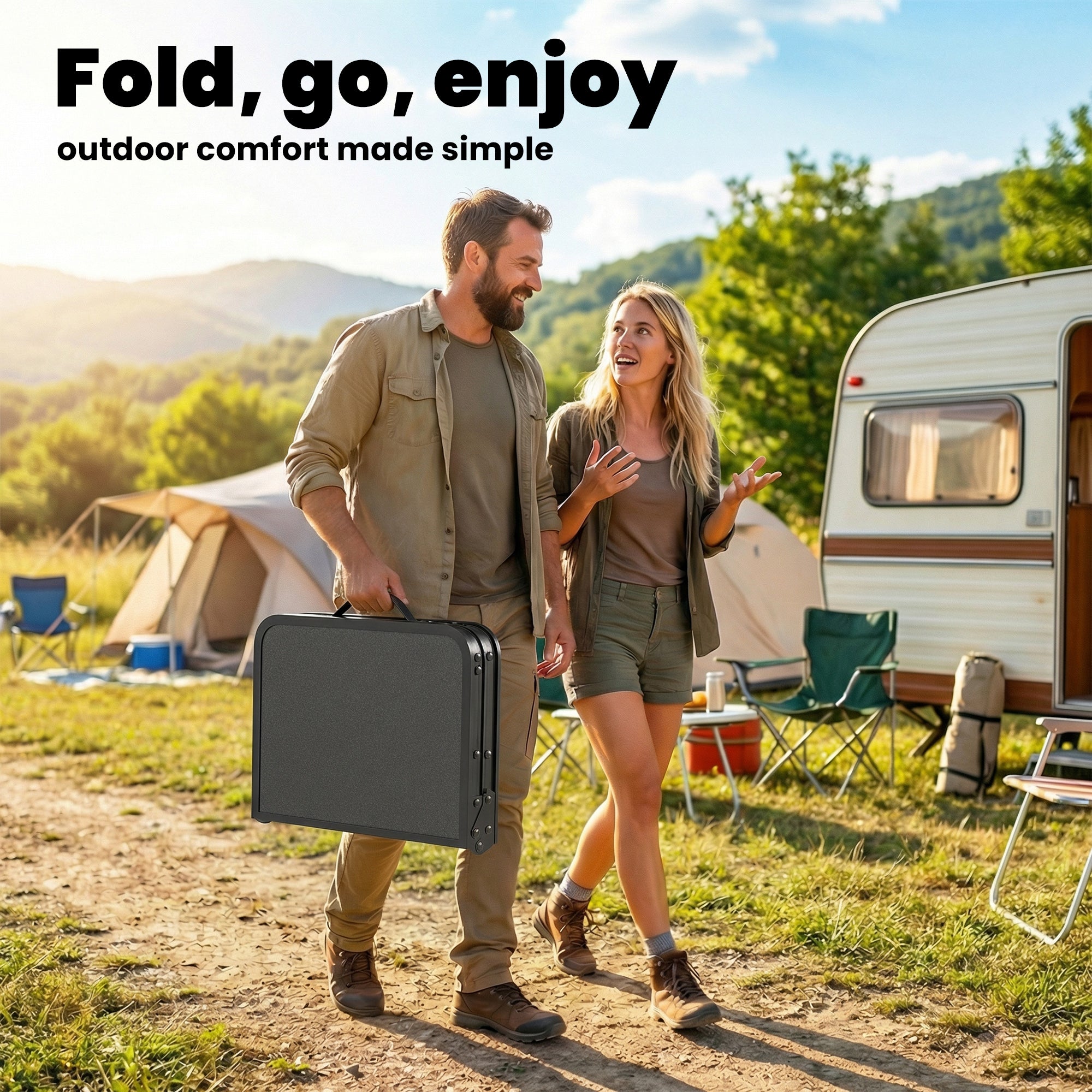 Outsunny 2ft Folding Camping Table, Picnic Table with Mesh Storage Layer, 4 Adjustable Heights and Carrying Handle, Black