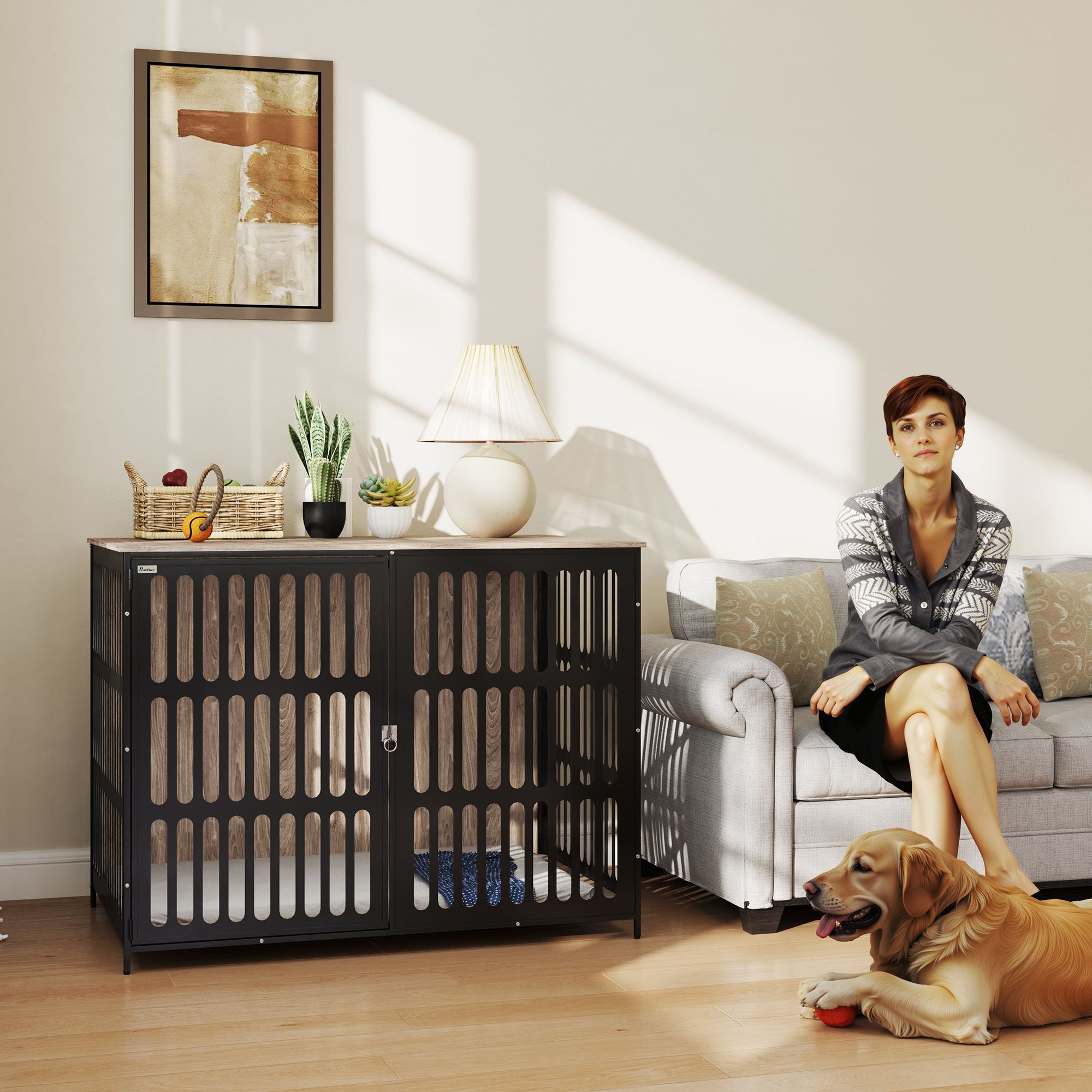 PawHut Dog Crate Furniture with Anti-Chew Resistant Mesh, Anti-Escape Single Door, for Extra Large Dogs, 118 x 80 x 92 cm