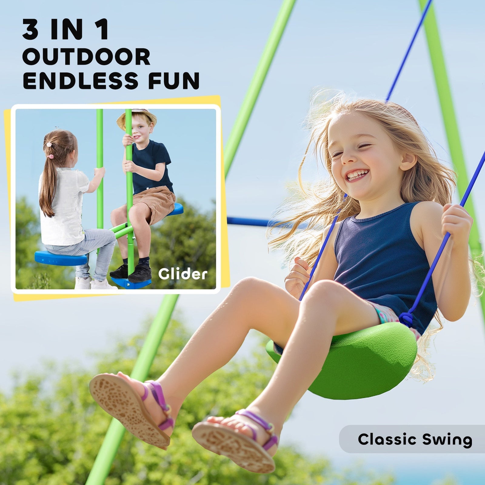 Outsunny Metal Garden Swing Set Height Adjustable Children Outdoor Backyard Play Set for Toddlers Over 3 Years Old, Green