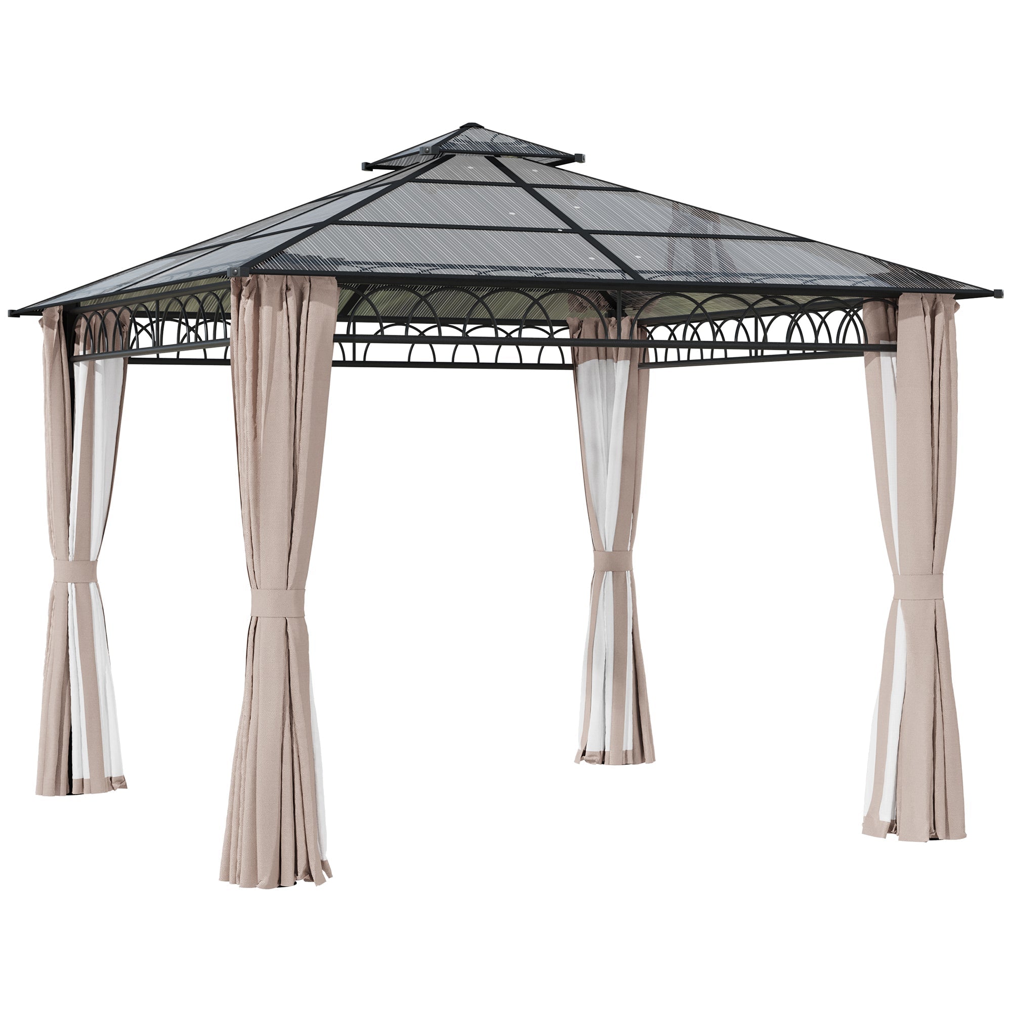 Outsunny 3 x 3 (m) Outdoor Polycarbonate Gazebo, Double√Ç Roof Hard Top Gazebo with√Ç Galvanised Steel Frame, Nettings√Ç &√Ç Curtains for Garden, Lawn, Patio and Deck, Khaki