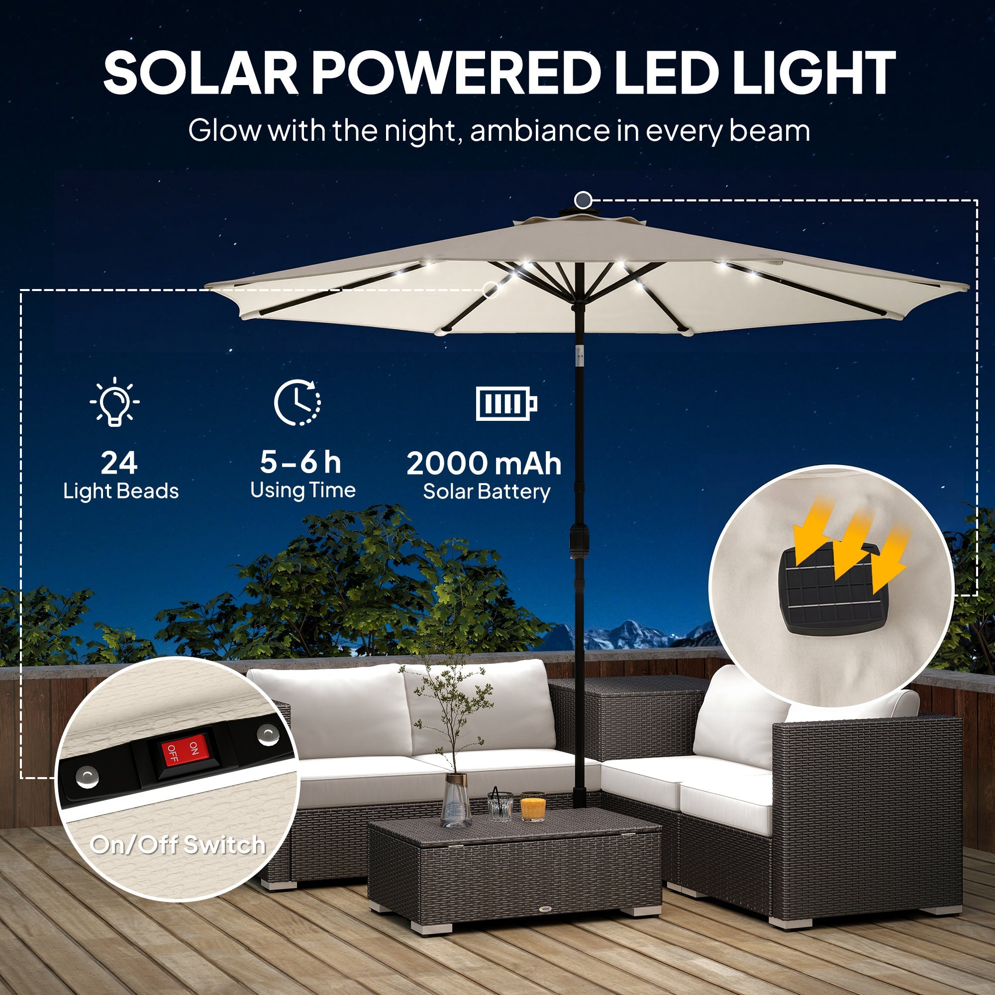 Outsunny 2.6 m Garden Parasol Umbrella with LED Solar Light, Parasol Cover, Outdoor Market Patio Umbrella, Cream White