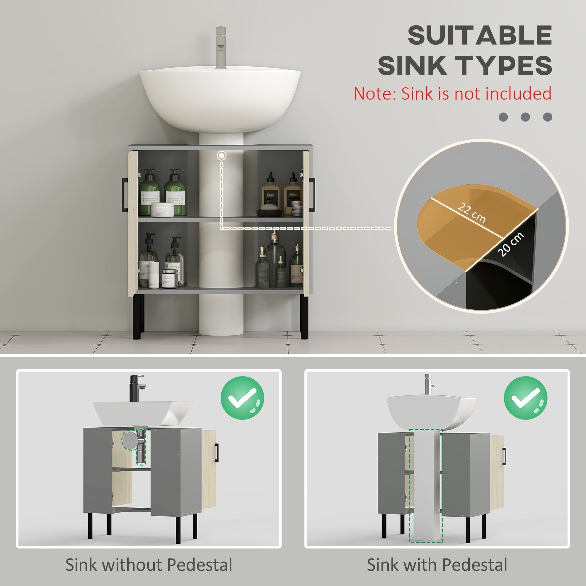 kleankin Under Sink Cabinet, Bathroom Vanity Unit, Storage Cupboard with Double Doors and Storage Shelves, 60x30x60cm, Natural