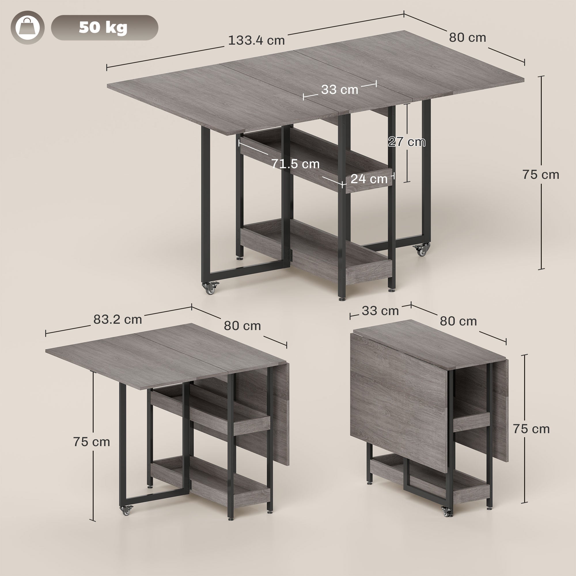 HOMCOM Four-Person Drop Leaf Table - Grey Wood-Effect