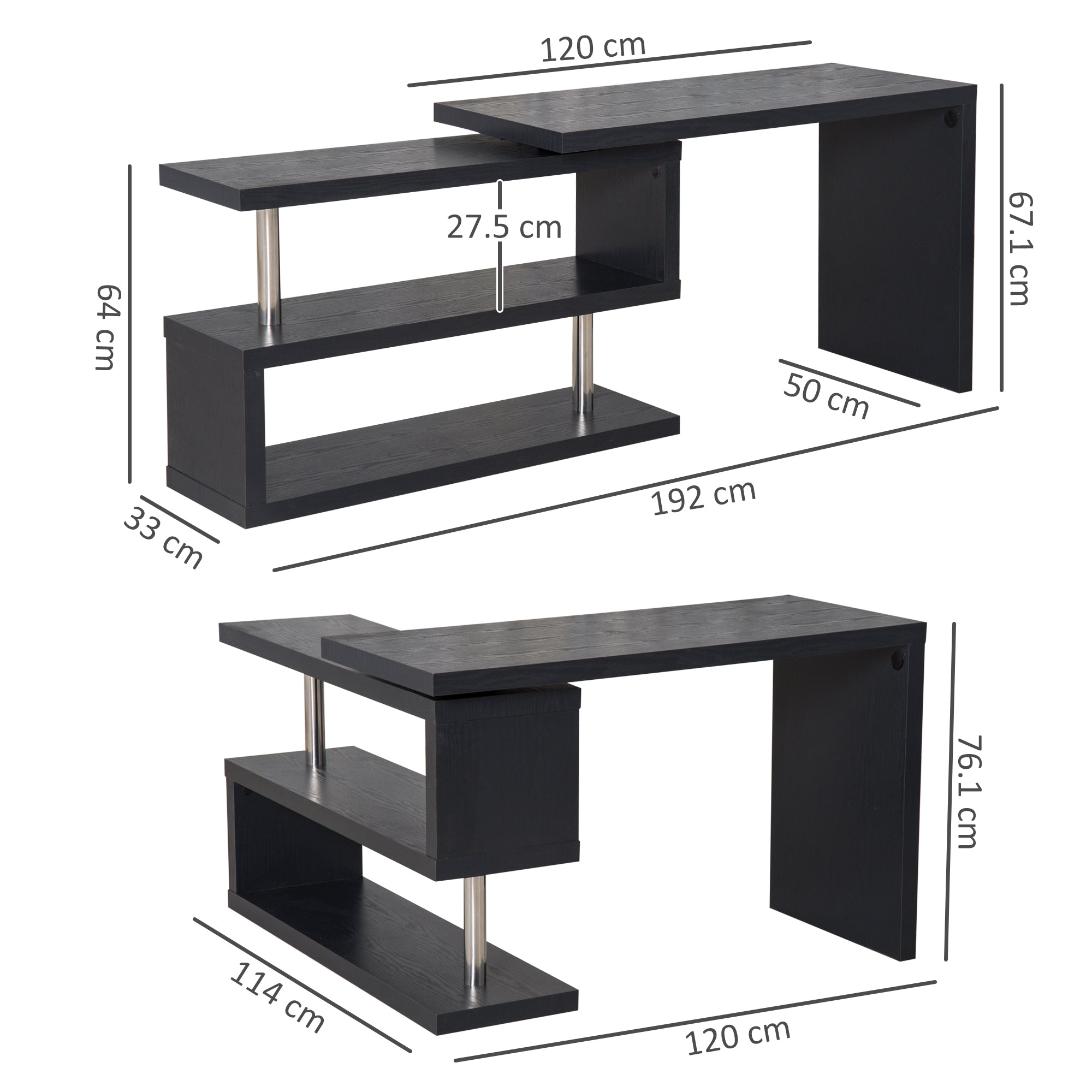 HOMCOM L Shaped Desk with 360 degrees Rotating Storage Shelves, Corner Computer Desk, Space Saving Study Table for Home Office, Black
