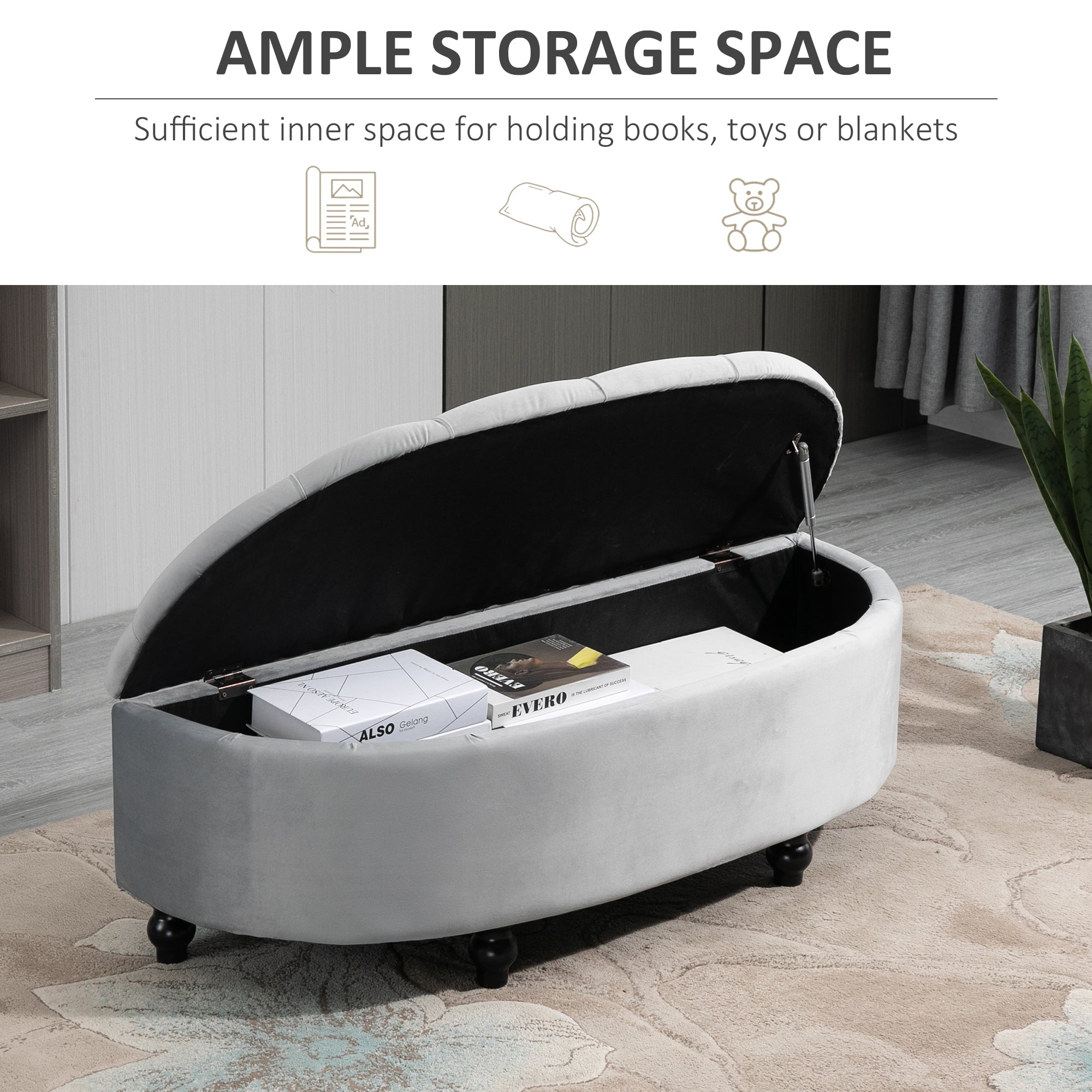 HOMCOM Semi-Circle Ottoman Storage Bench, Bed End Bench, Tufted Upholstered Window Seat Footrest Stool with Rubberwood Legs for Bedroom & Entryway, 120 x 46 x 42 cm, Light Grey