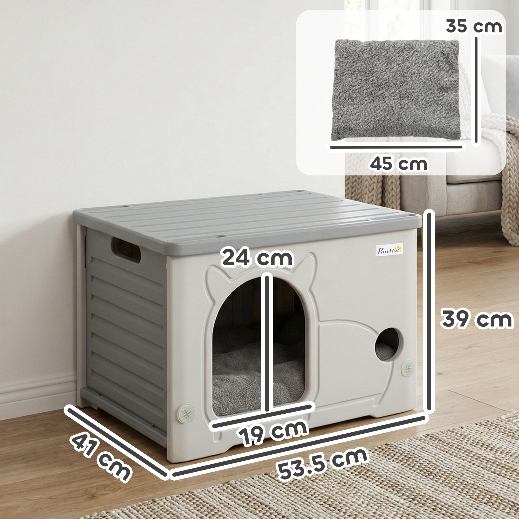 PawHut Cat House Stackable Pet Shelter with Removable Cushion for Indoor Outdoor Use Grey