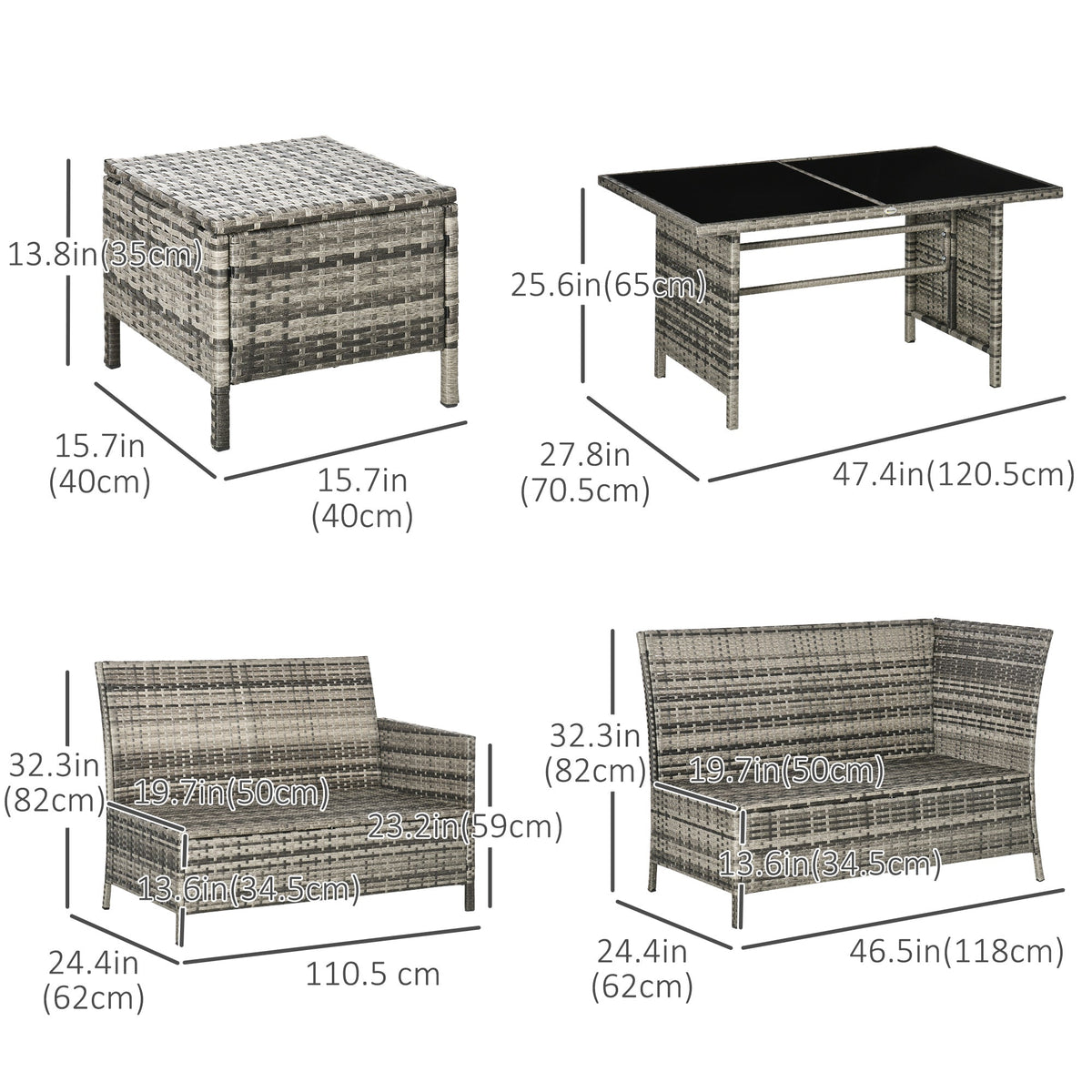 Outsunny 7-Seater Patio wicker Sofa Set Rattan Chair Furniture w/ Glass & Cushioned, Dark Blue