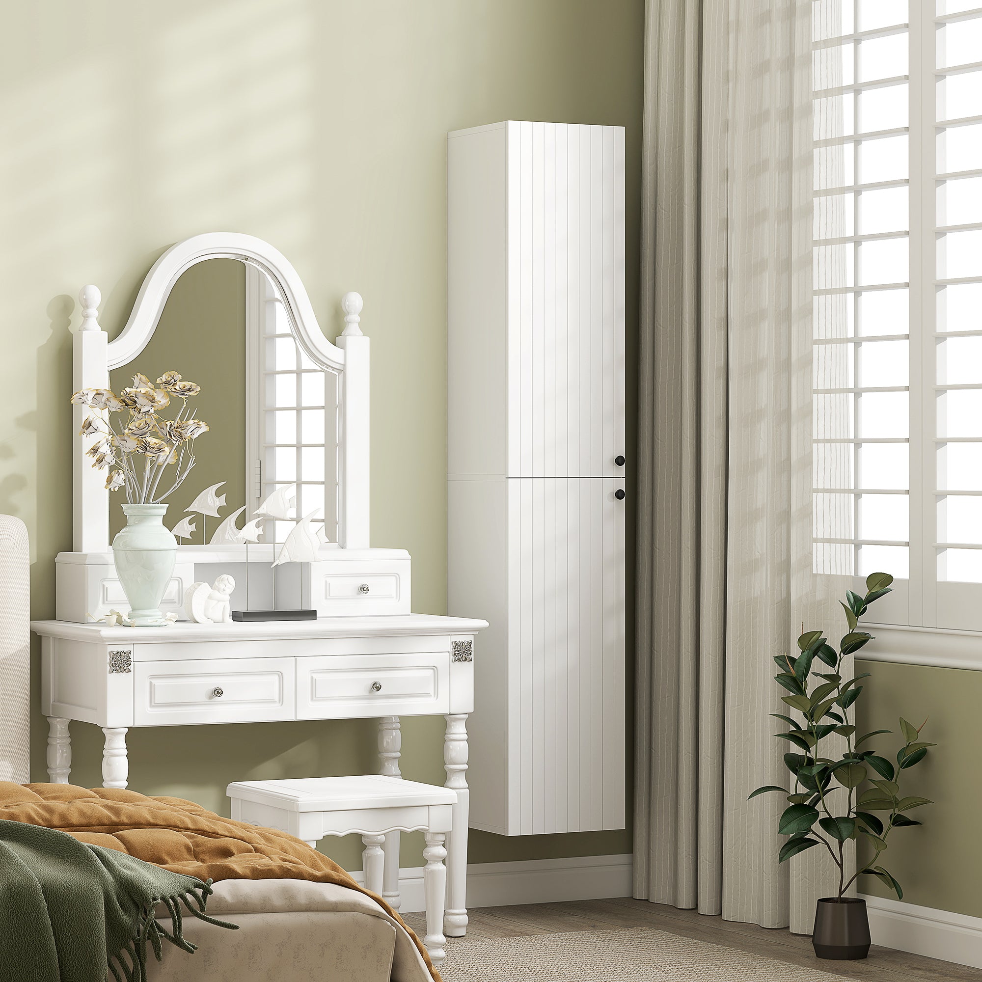 HOMCOM Wall Mounted Tall Bathroom Storage Cabinet with Soft-Close Hinges, Slim Bathroom Cabinet with 2 Doors, White