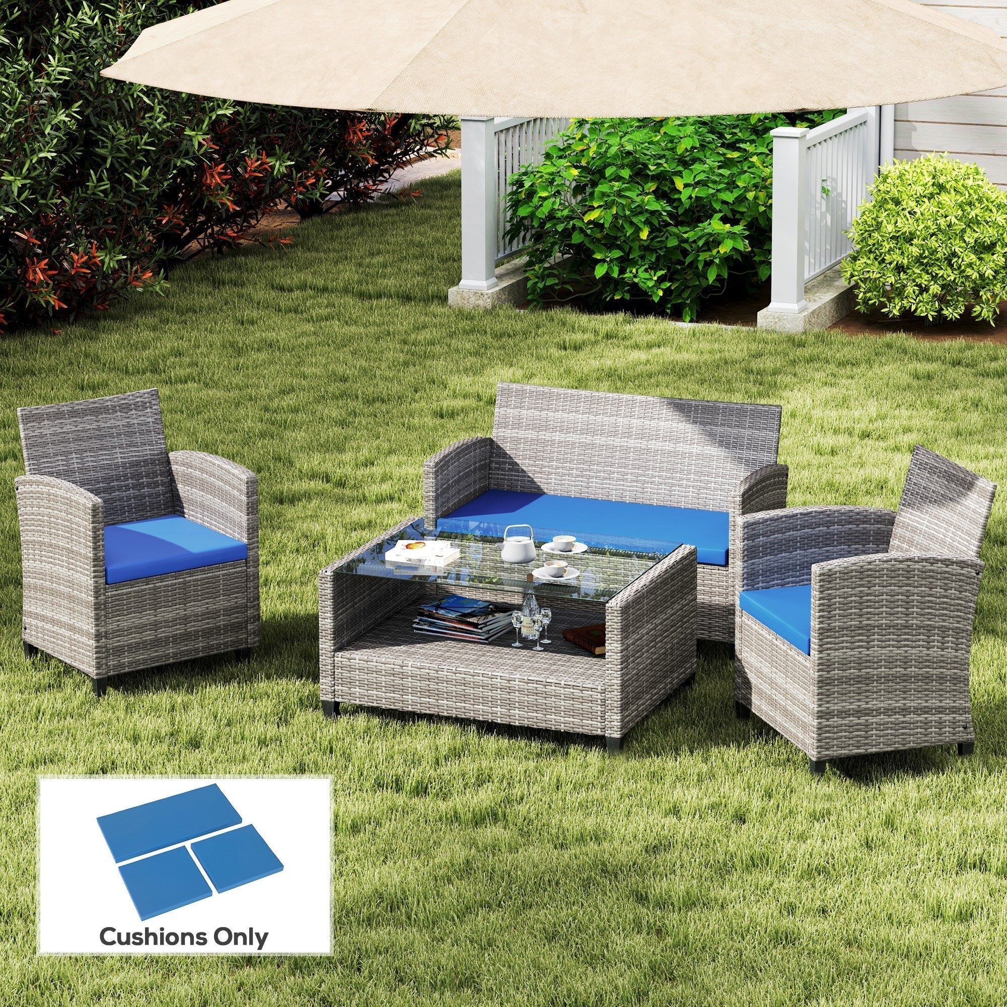 Outsunny Outdoor Seat Cushion Pads for Rattan Furniture, 3 PCs Garden Furniture Cushions, Sky Blue